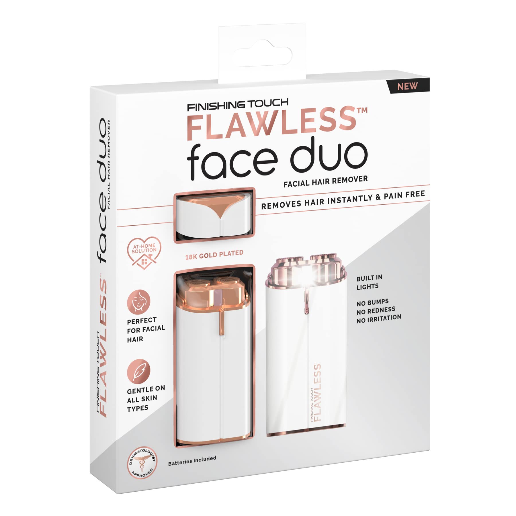 Finishing Touch Flawless Women's Painless Hair Remover & Facial Electric Shaver - Dermatologist Approved, Hypoallergenic, White & Rose Gold | Perfect for Eyebrows, Upper Lip, Chin & Peach Fuzz Removal at Home or Travel