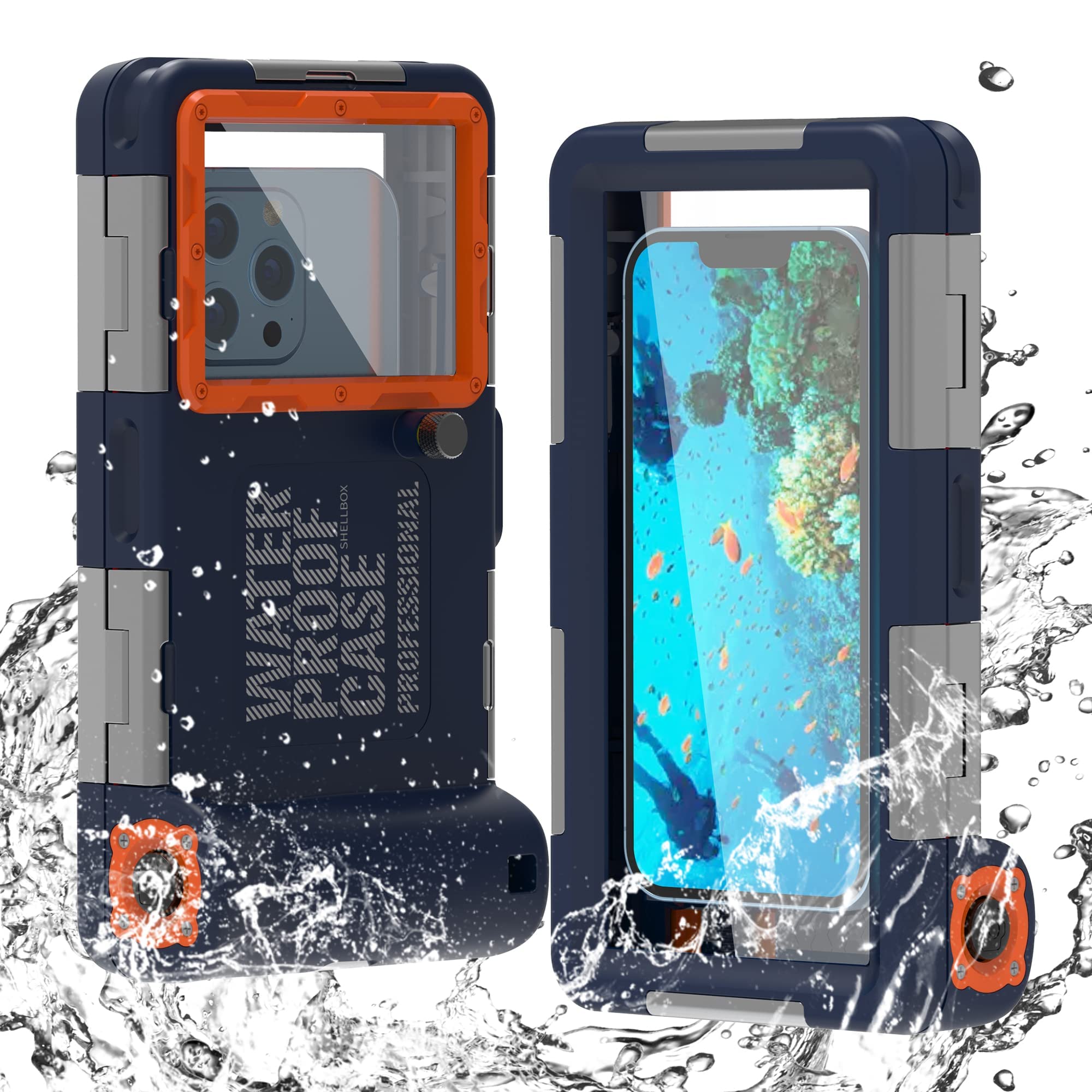 Professional Waterproof Phone Case for iPhone 16 Pro Max/15/14/13/12/11/Xr/X/Xs & Samsung Galaxy S24/S23-S21 Ultra - 50ft/15m Underwater Protection for Snorkeling, Diving & Scuba Photography - Blue & Orange Design