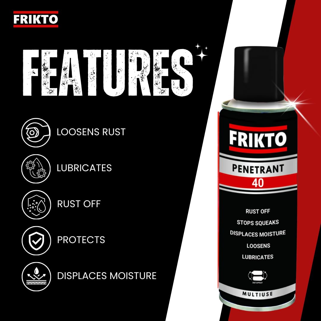 Frikto Penetrant 40 Multi-Purpose 360° Spray Lubricant - Rust Remover, Degreaser & Cleaner for Home, Auto & Industrial Use (170g/6oz) - Perfect for Loosen Rusty Bolts, Lubricate Hinges & Clean Tools