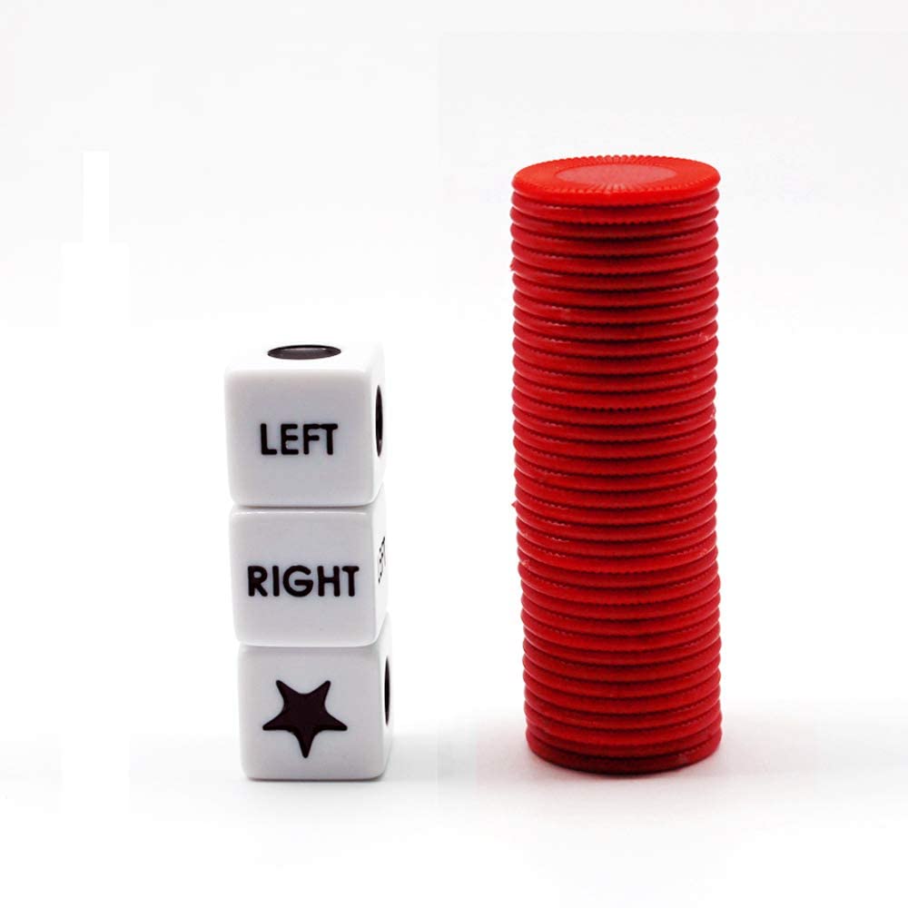 Left Right Center Dice Game Set with 3 Dice & 36 Red Chips - Fun Family Party Board Game for Adults & Kids - Perfect for Game Nights, Camping Trips & Social Gatherings