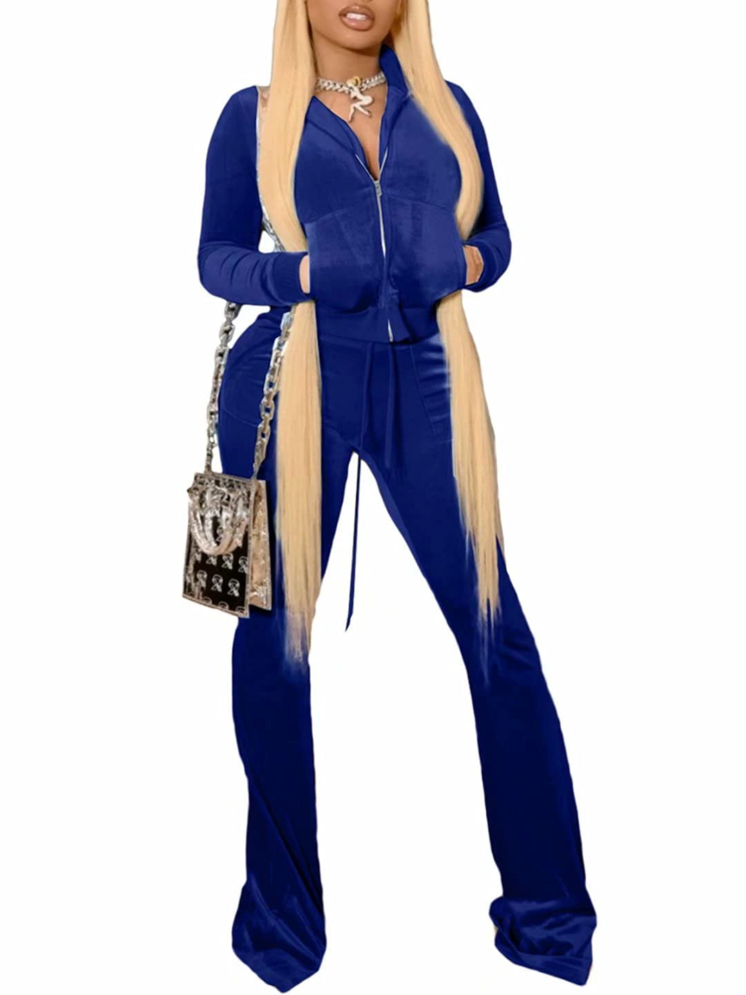 KOOBETON Women's 2-Piece Velour Tracksuit Set - Soft Crop Jacket & Flare Pants Lounge Wear for Gym, Yoga, Running & Casual Outfits