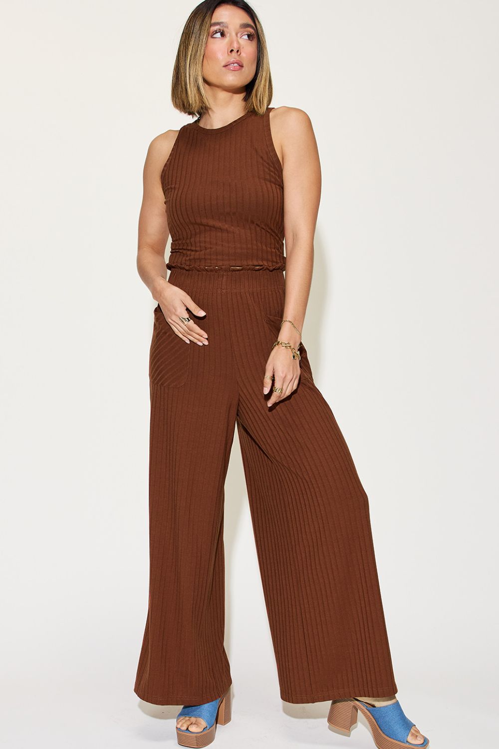 Basic Bae Full Size Ribbed Tank Top and Wide Leg Pants Set - Women's Casual Lounge Outfit for Home, Yoga & Streetwear Fashion