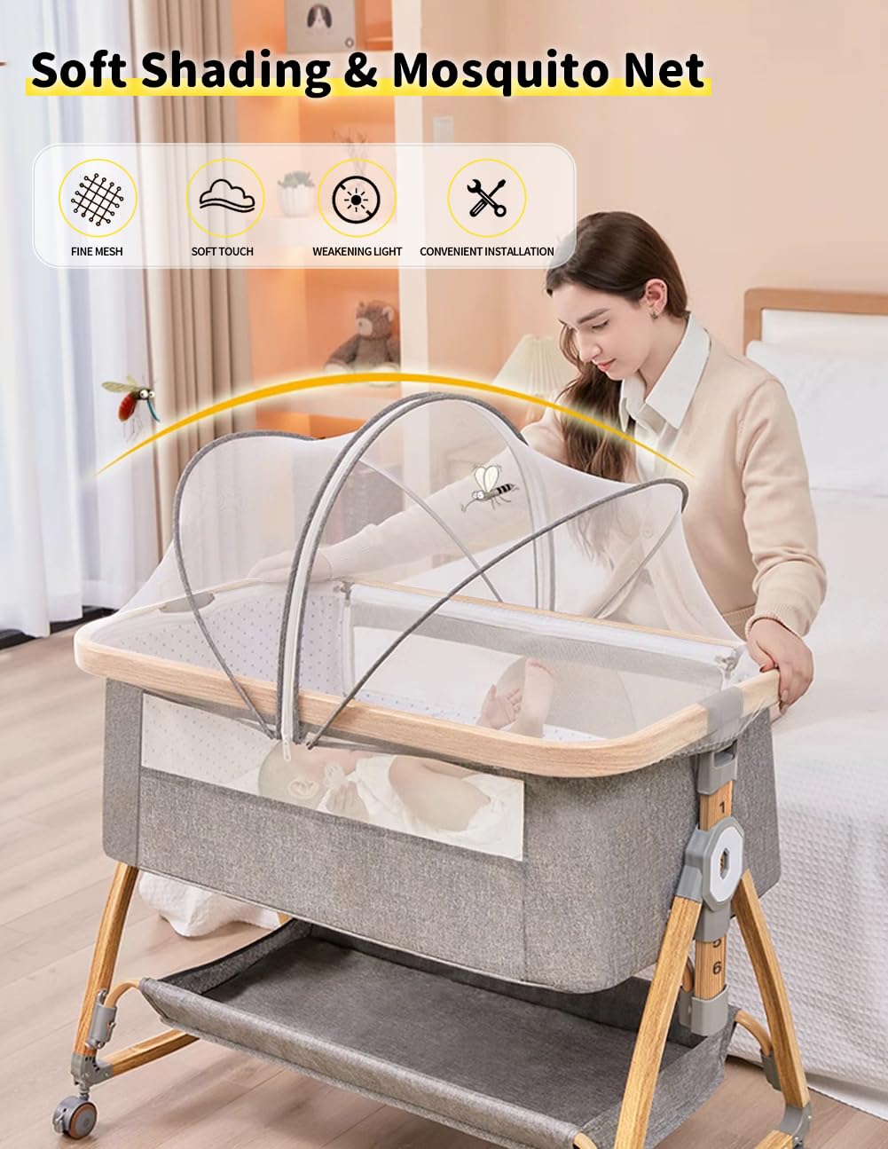 Bonbay 4-in-1 Portable Baby Bassinet with Wheels, Mosquito Net & Storage Basket - Adjustable Height Bedside Sleeper for Newborns | Nursery, Bedroom & Travel Use