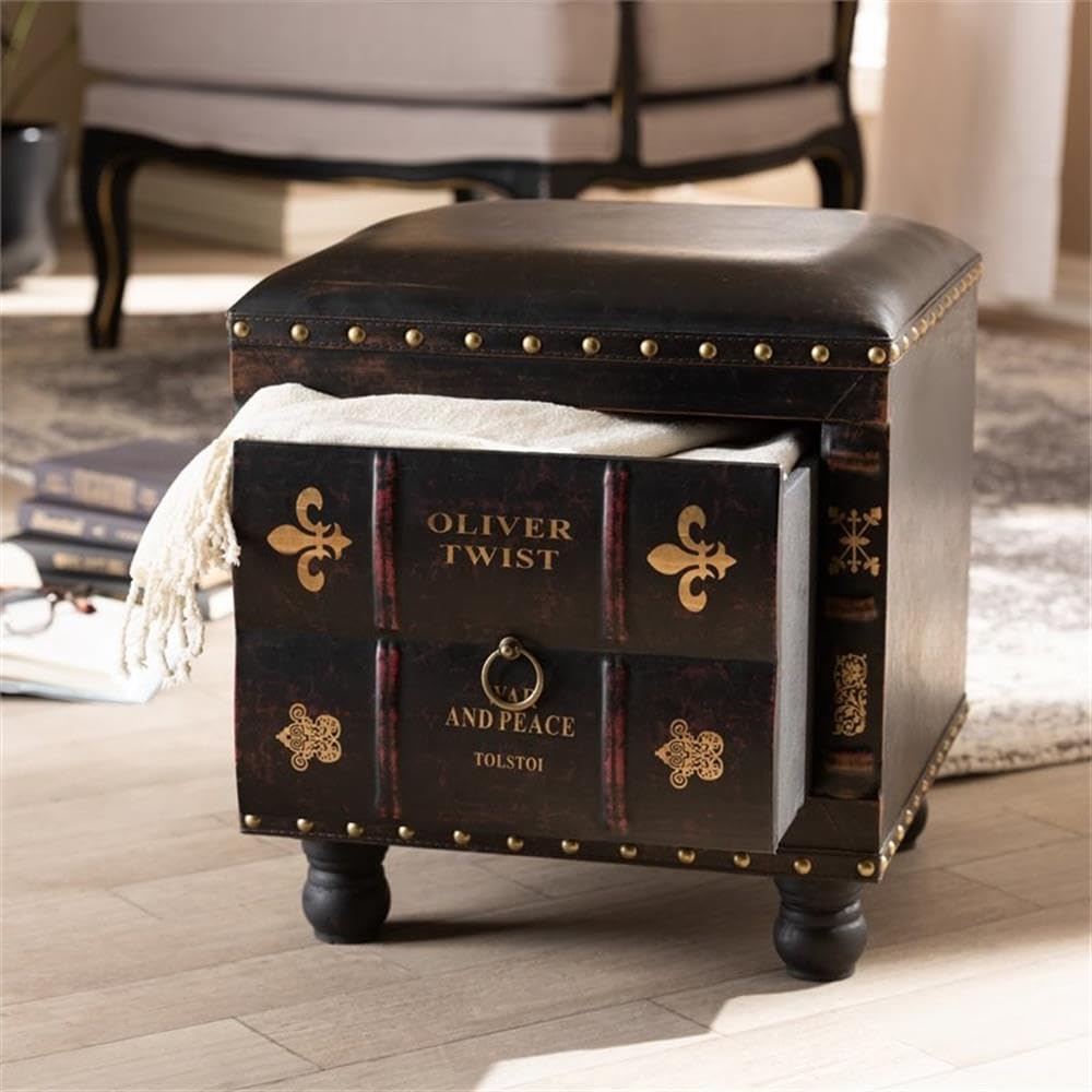 BOWERY HILL Dark Brown Faux Leather Storage Ottoman with Wooden Legs - Perfect for Living Room, Bedroom & Home Office Organization