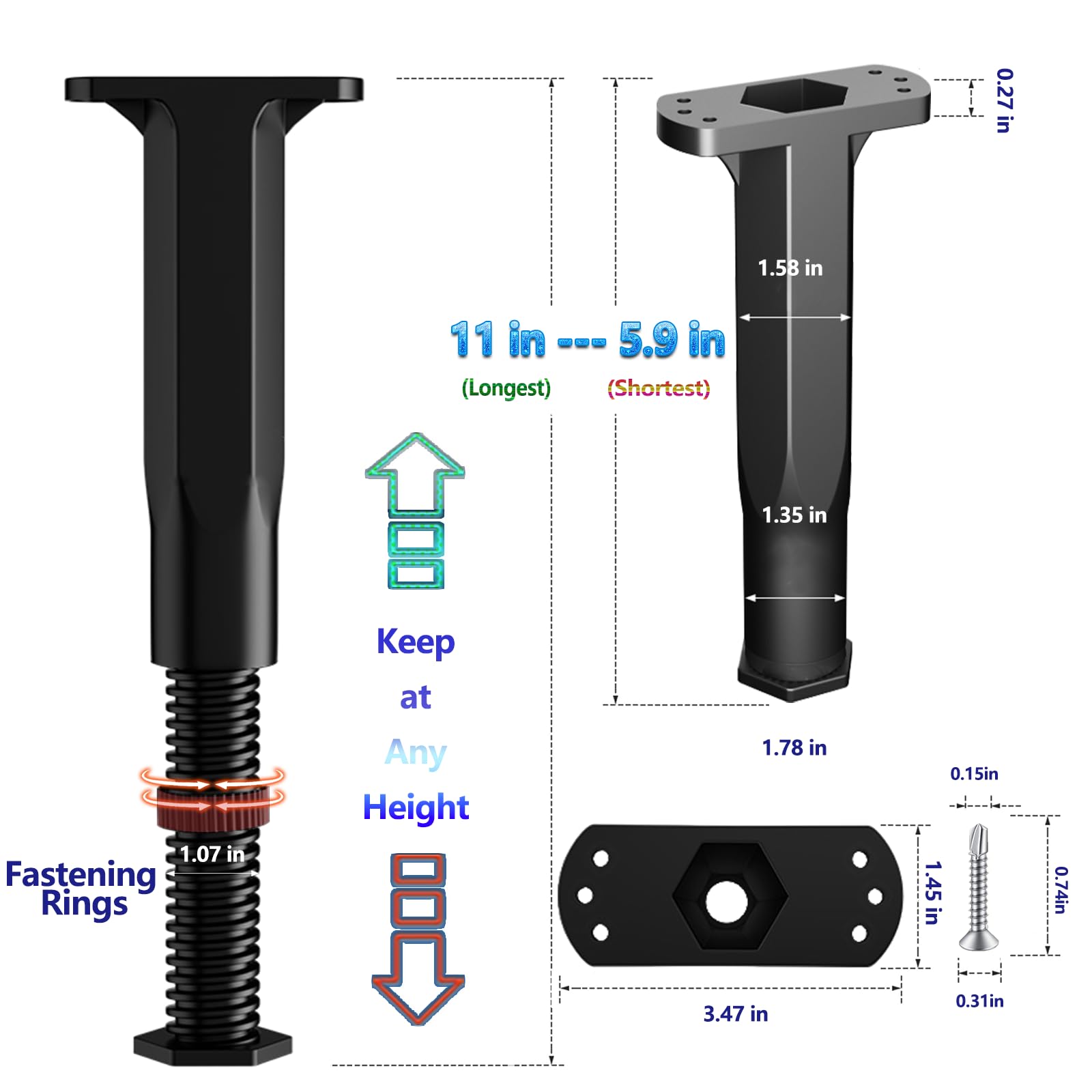 Adjustable Bed Support Legs 5.9-11 Inch Heavy Duty Risers - 2 Pack for Bed Frames, Box Springs, Platform Beds & Slats - Easy Installation Black Plastic - Perfect for Bed Height Adjustment & Furniture Leveling