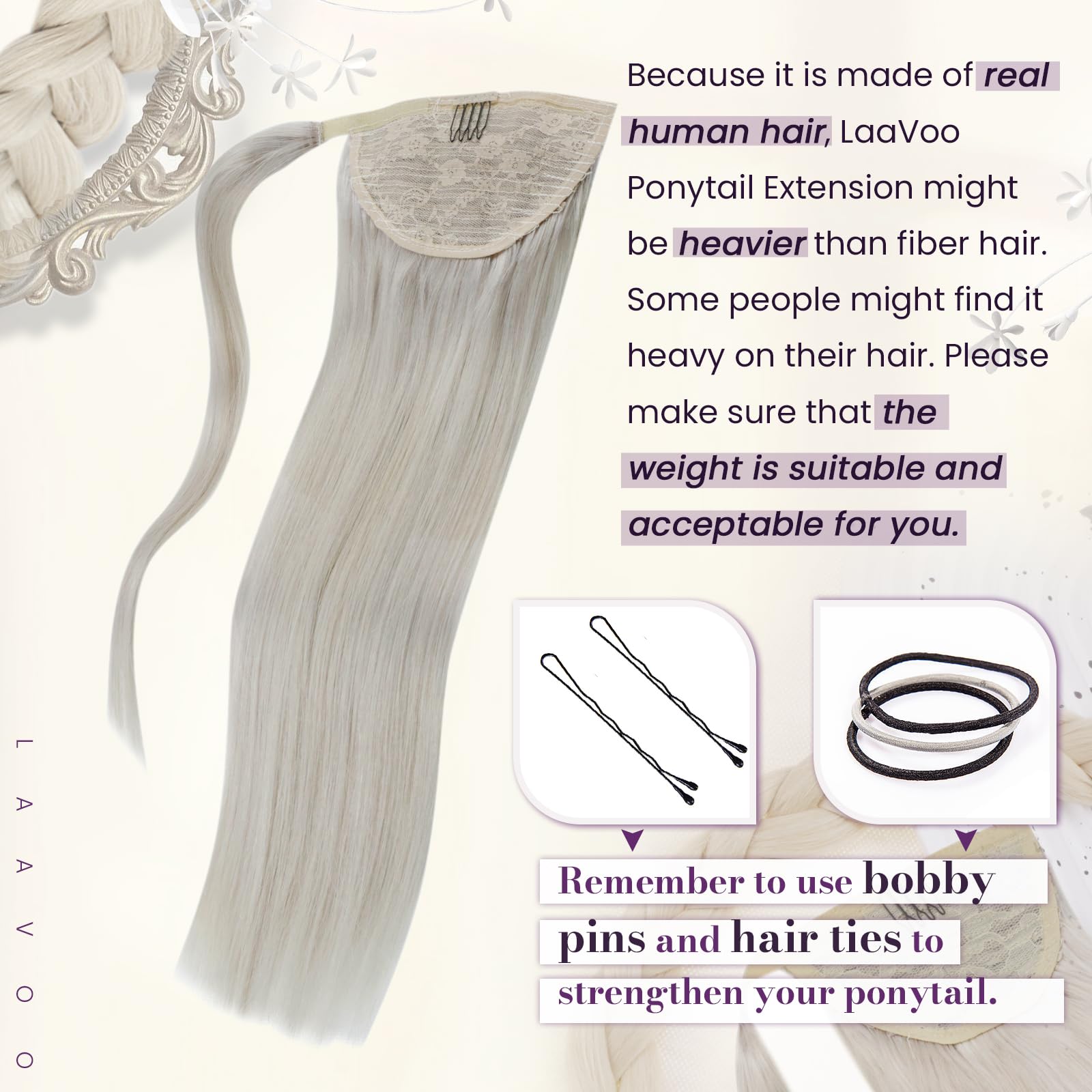 LaaVoo 16 Inch Blonde Straight Human Hair Ponytail Extension - 80g Wrap Around Real Human Hair for Women | Perfect for Parties, Weddings & Everyday Styling