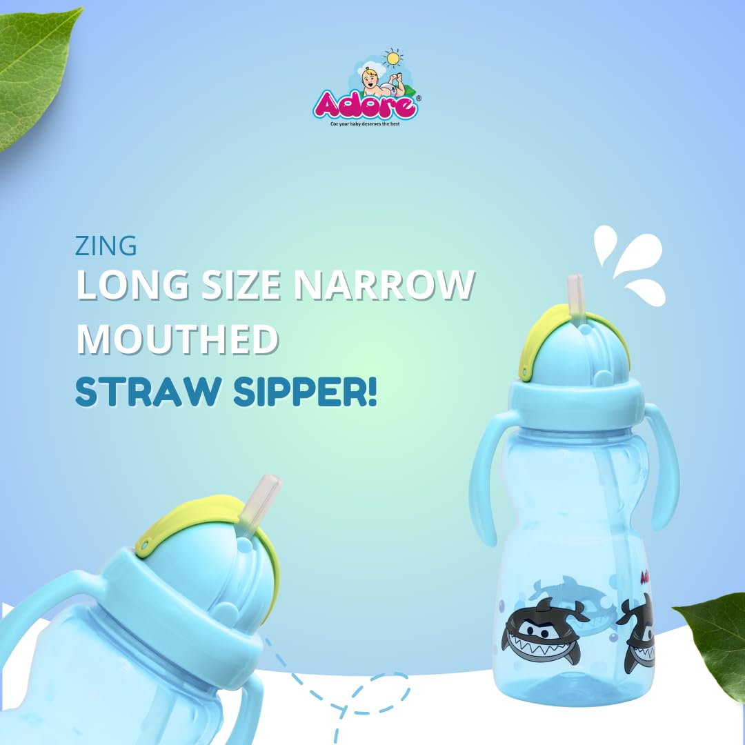 Adore Zing Twin Handle Straw Cup - BPA Free Baby Water Bottle for Kids & Toddlers | 300ml Leak Proof Plastic Straw Sipper for Boys & Girls | Perfect for Daycare, Travel & Outdoor Activities (Blue)