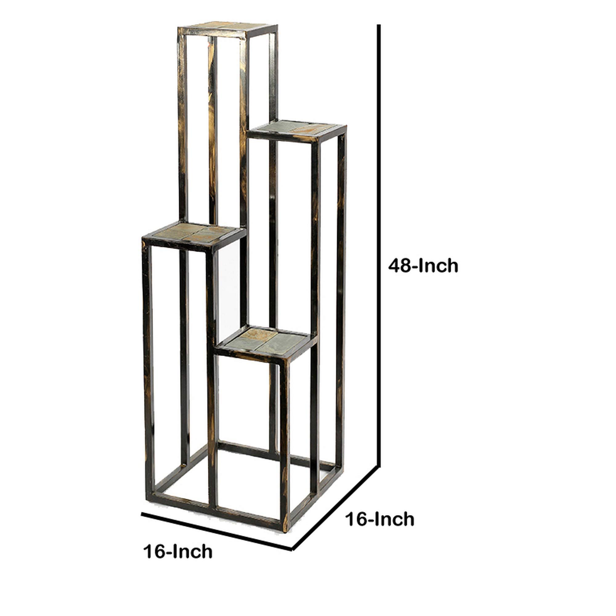 Benjara BM216737 4-Tier Cast Iron Plant Stand with Stone Topping - Black & Gold Decorative Shelf for Indoor/Outdoor Plants, Flowers, and Home Decor