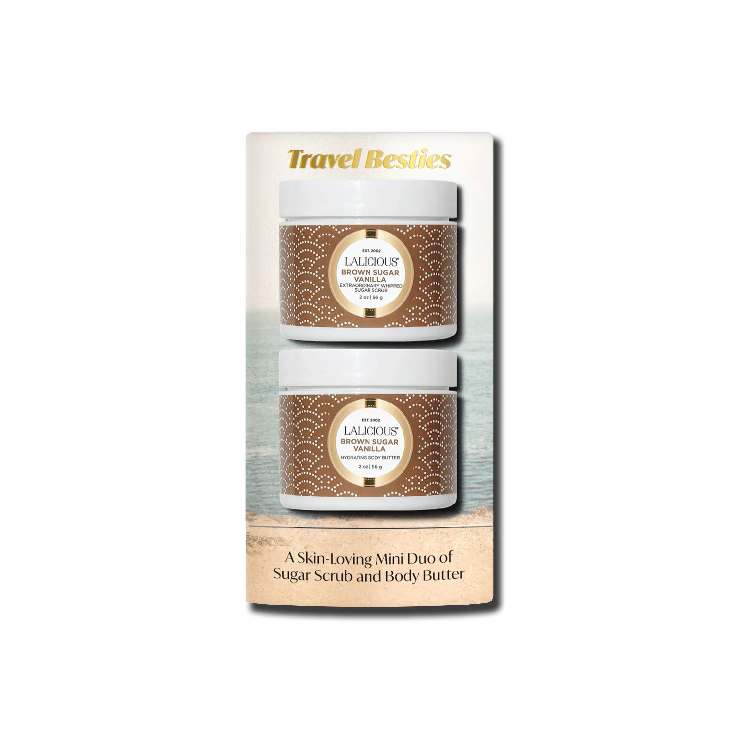 Lalicious Brown Sugar Vanilla Travel Set - 2-Piece Gift with Travel-Size Whipped Sugar Scrub & Hydrating Body Butter - Moisturizing Skincare for Dry Skin - Perfect for Gifts, Spa Days & Travel