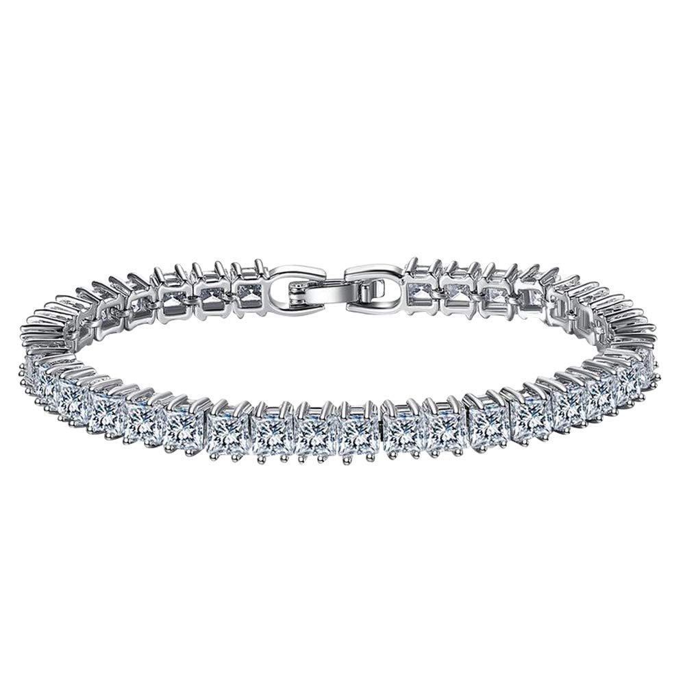18K White Gold Princess Cut Jasmine Tennis Bracelet for Women - Square Cut Cubic Zirconia, Lead & Nickel Free Jewelry - Perfect for Weddings, Anniversaries & Special Occasions