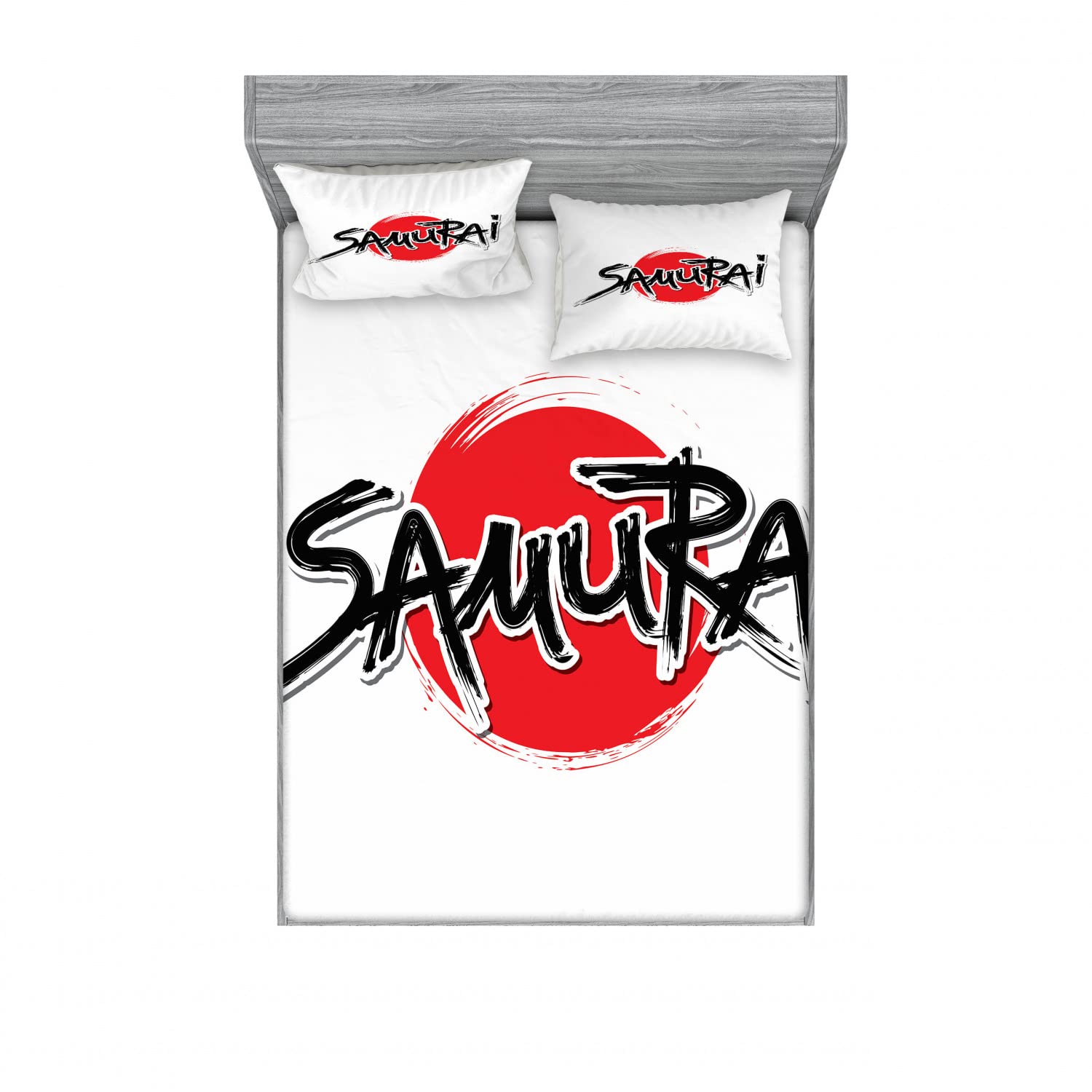 Ambesonne Japanese Samurai Lettering Sun 2-Pack Fitted Sheet & Pillow Sham Set - 4 Piece Bedding Decor (2 Twin XL Fitted Sheets & 4 Pillow Covers) - Red & Black Design - Perfect for Anime Fans, Martial Arts Enthusiasts, and Asian-Themed Bedrooms