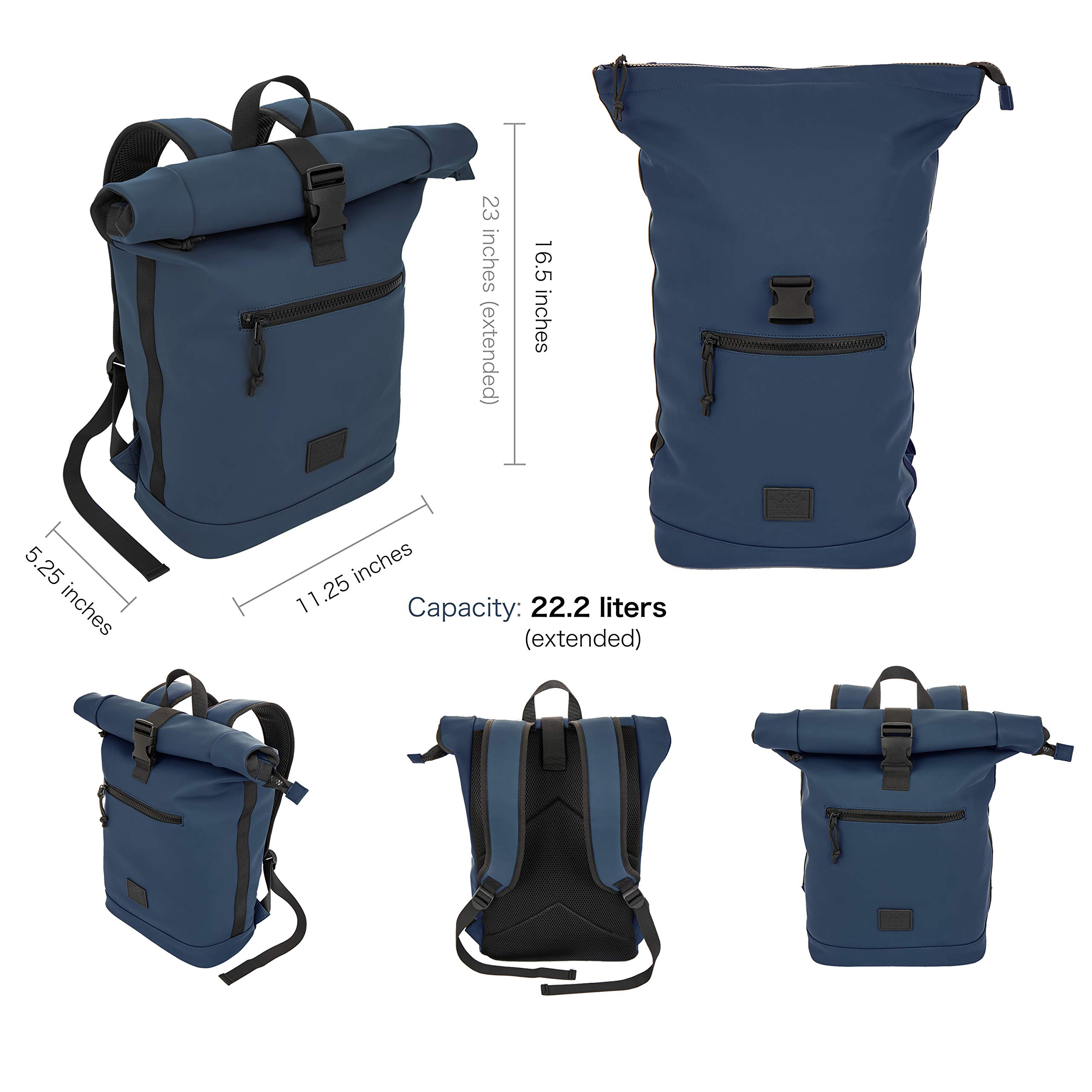 X RAY Roll Top Laptop Backpack for Men & Women - Waterproof PU Leather Expandable 22L Backpack with Adjustable Capacity, Fits 15.6 Inch Laptop (Navy) - Perfect for Work, Travel & College
