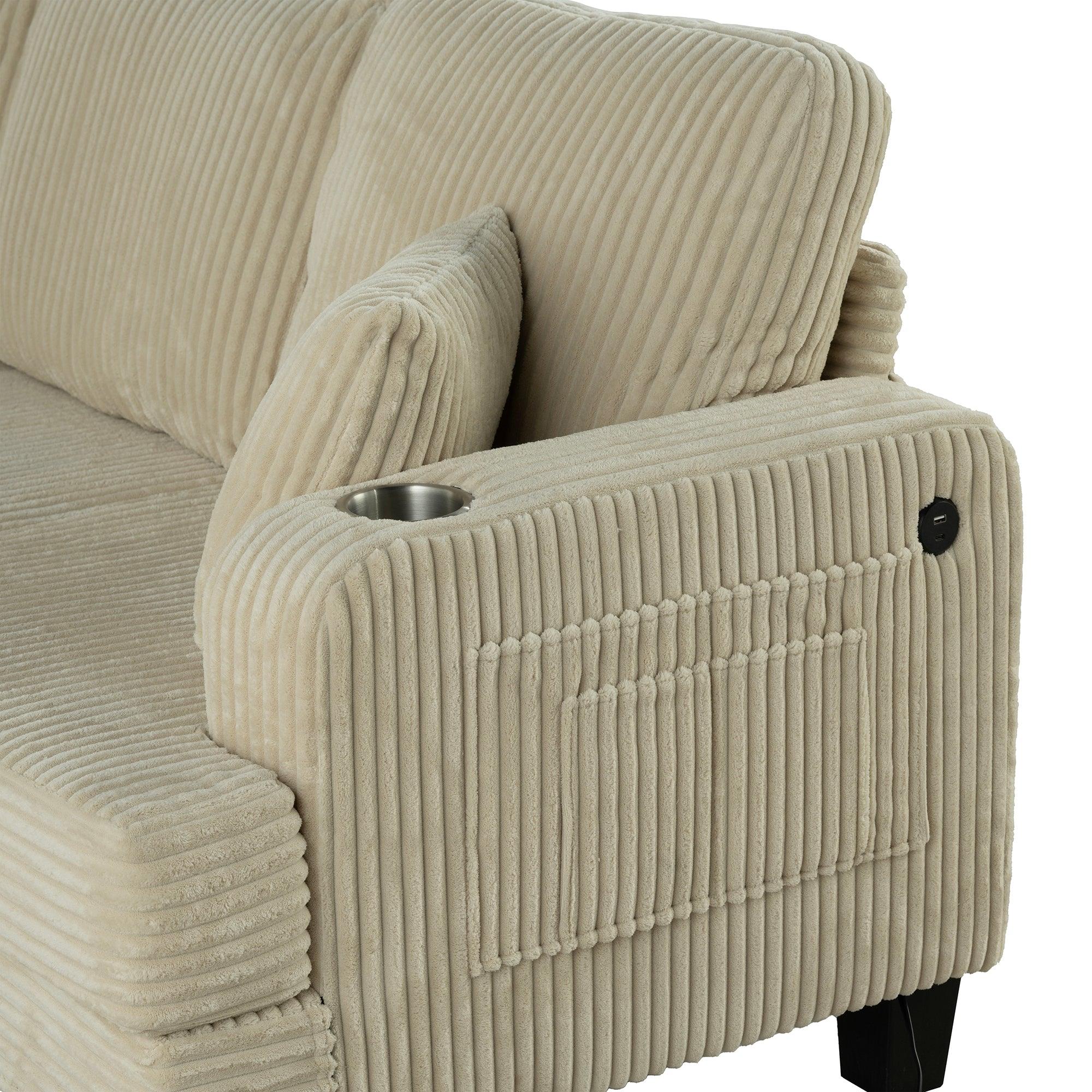 Beige 3-Piece Sectional Sofa Set with Storage Ottoman - 3-Seater Couch & Loveseat for Living Room, Includes USB Charging Ports, Side Pockets & Throw Pillows - Perfect for Family Gatherings, Movie Nights and Small Space Apartments