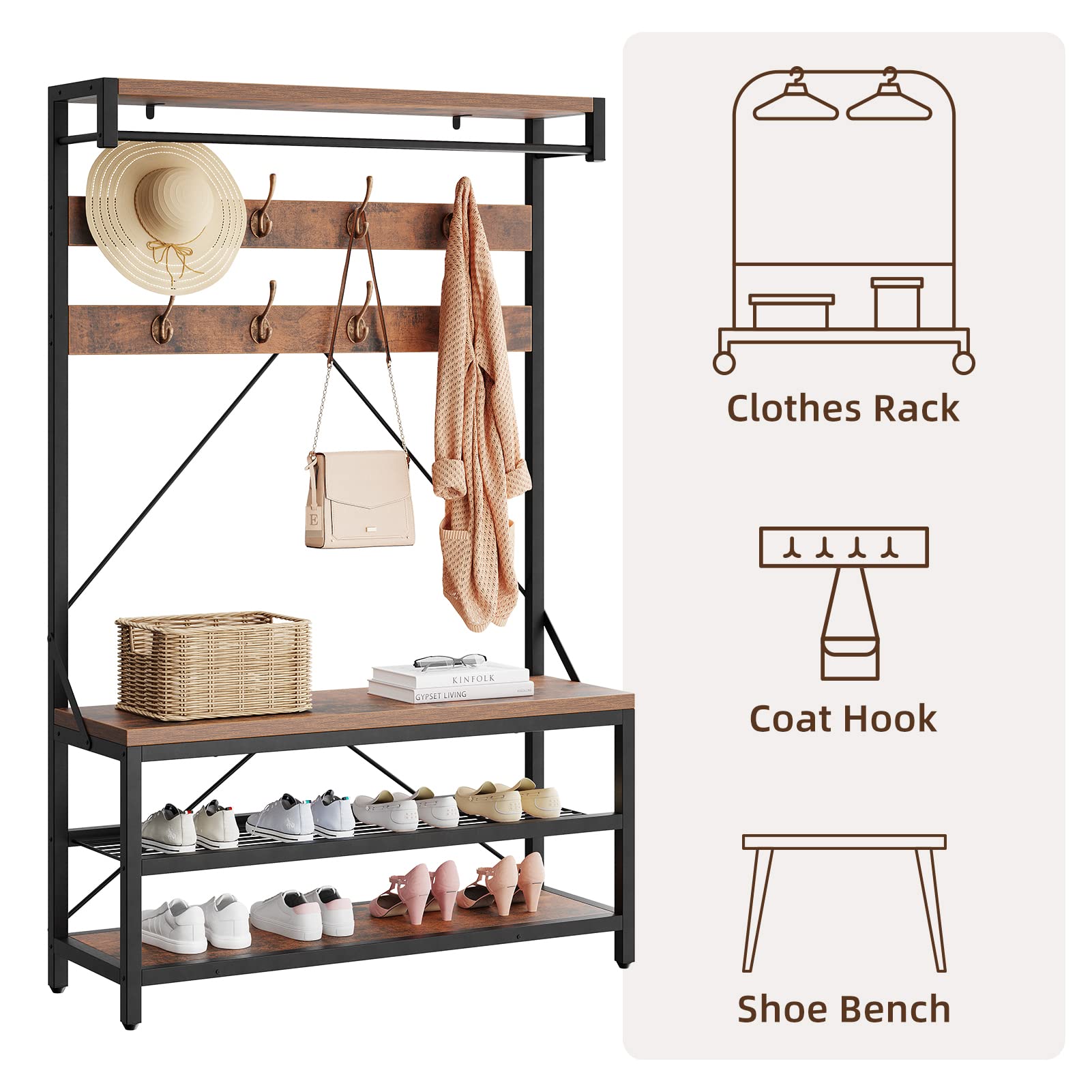 IDEALHOUSE 5-in-1 Entryway Hall Tree with Coat Rack, Shoe Storage Bench & Hanging Hooks - Rustic Brown Wood Look Storage Organizer for Entry, Mudroom, or Bedroom (39.9