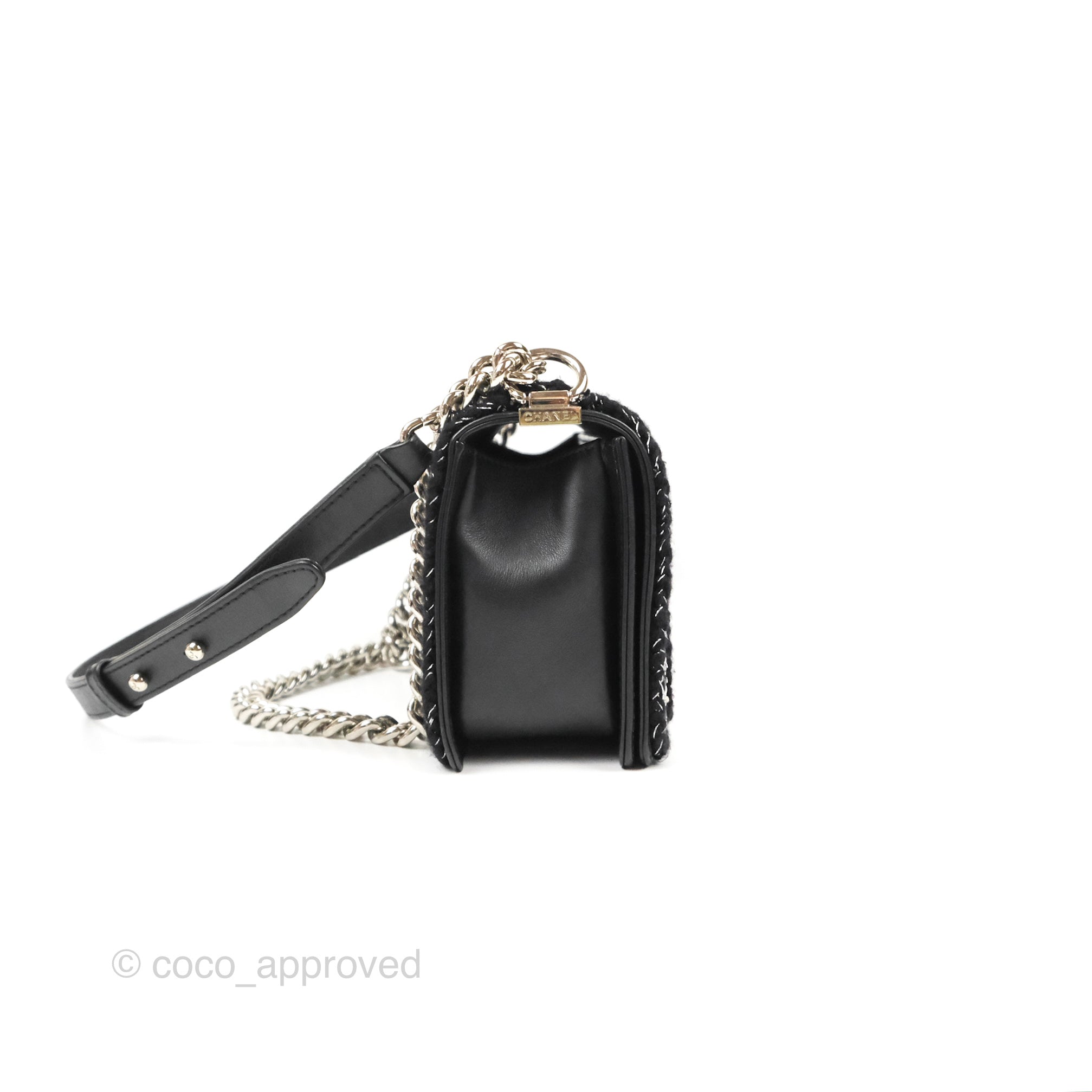 Chanel Chevron Braid Around Chain Boy Bag - Black Calfskin Leather with Silver Hardware | Luxury Crossbody Bag for Women, Perfect for Date Night & Evening Events