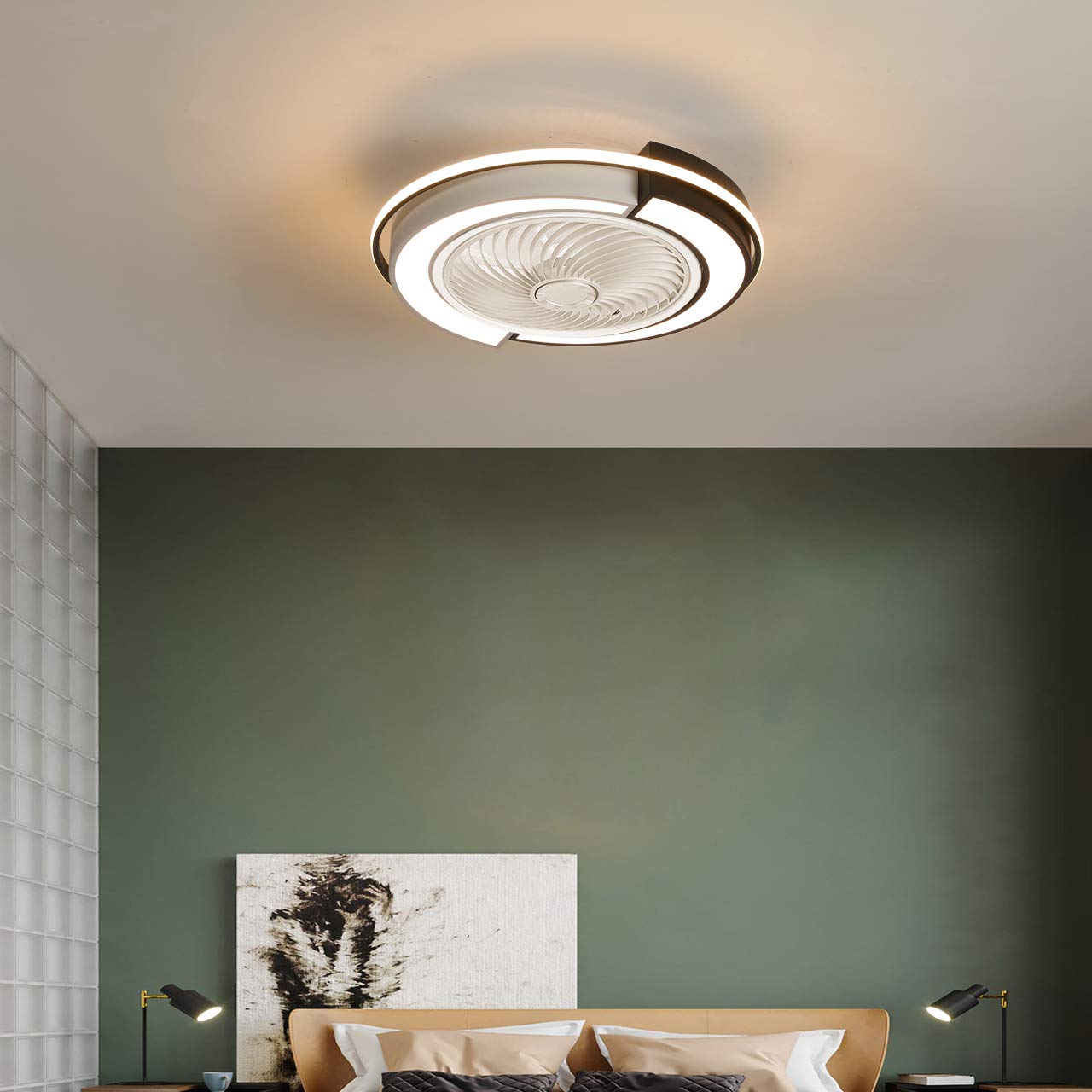 Modern LED Ceiling Fan with Lights - Remote Control, 3-Speeds, Hidden Blade Low Profile Design (23 Inch/58cm, Black & White) - Perfect for Bedroom, Living Room, and Office Spaces