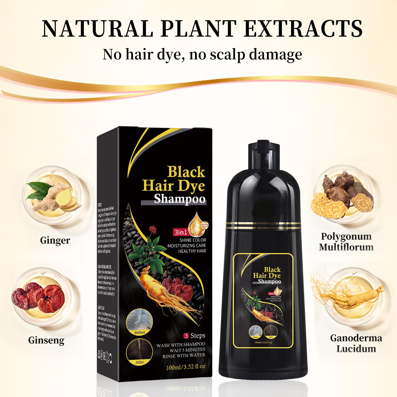Natural 3-in-1 Herbal Black Hair Dye Shampoo for Men - Gray Hair Coverage & Color Treatment - Gentle Hair Coloring Solution for Home Use & Daily Styling
