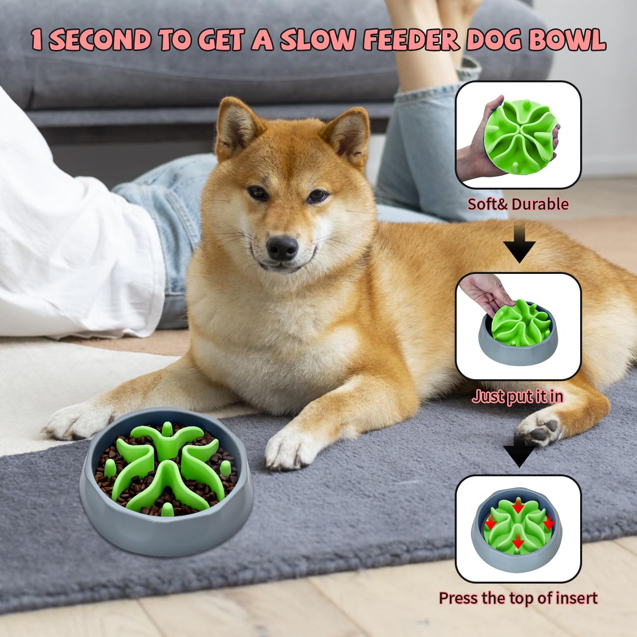Slow Feeder Dog Bowl Insert - Non-Slip Silicone Pet Food Puzzle Mat with Strong Suction Cups for Stainless Steel, Glass & Ceramic Bowls (Green, Small Size) - Perfect for Fast Eaters & Digestion Aid During Mealtime