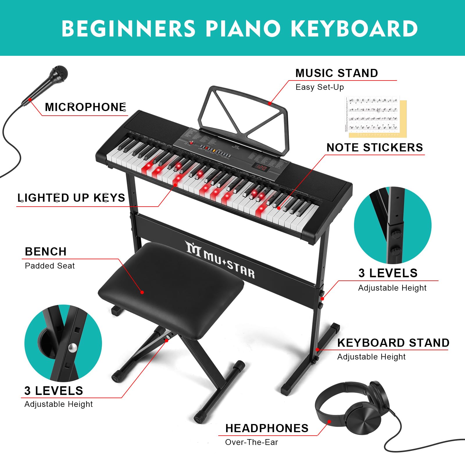 MUSTAR 61-Key Lighted Keyboard Piano for Beginners - Electric Piano with Stand, Bench, Headphones & Microphone - Portable Digital Piano with Built-in Speakers & Note Stickers - Perfect for Home Learning, Music Practice & Gift Giving