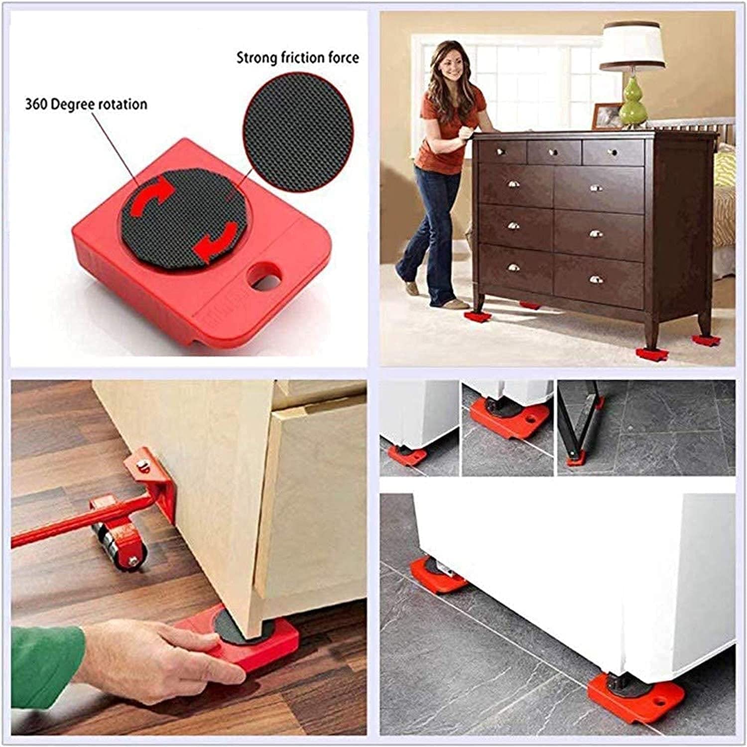 HRK Ergonomic Furniture Mover Tool Set - Heavy Duty 150kg Capacity, ABS & Rubber Wheels (35.5x5x35.5cm) - Red - Home & Office Furniture Slider for Sofa, Refrigerator, Washing Machine Moving