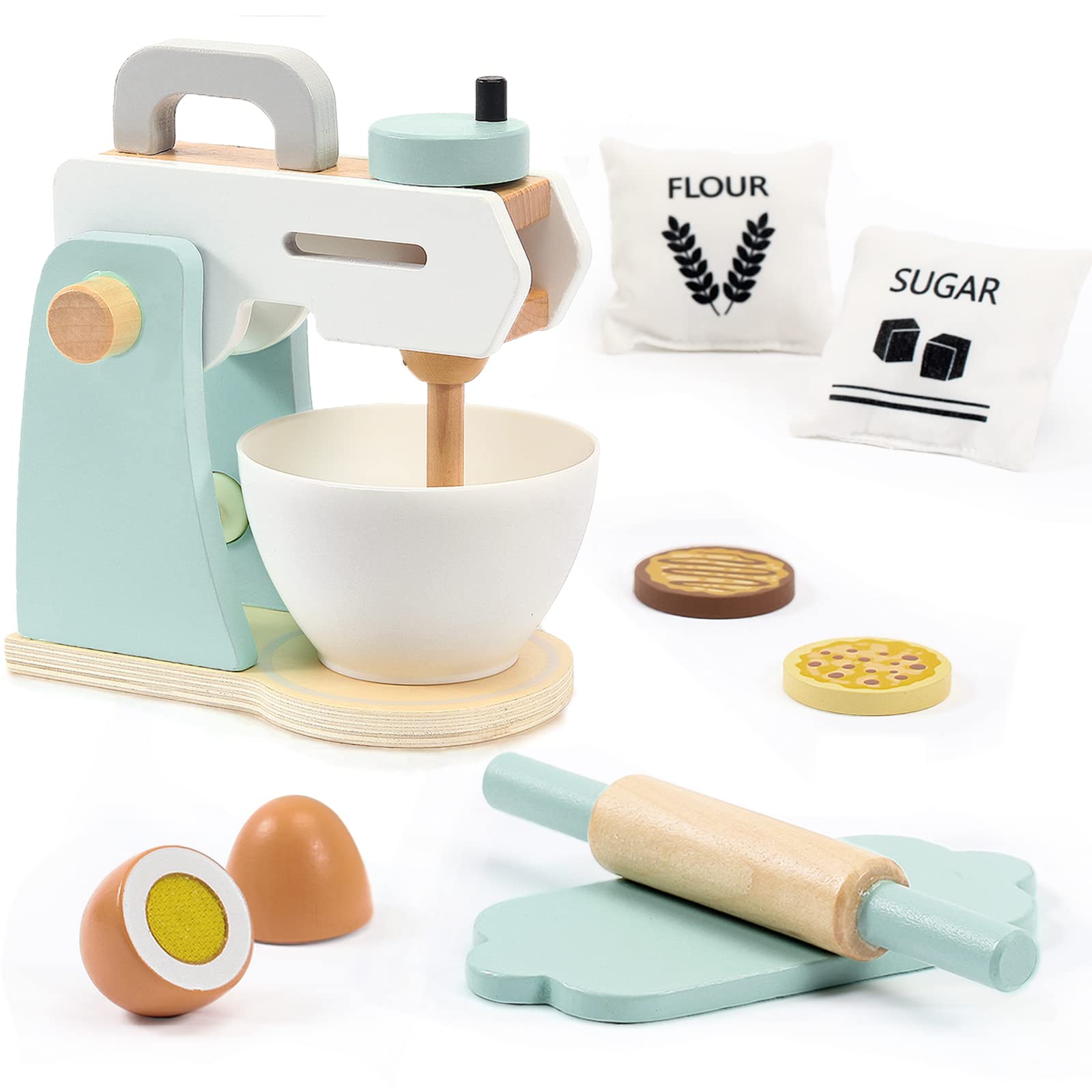 Frogprin Wooden Toy Mixer Set - Pretend Play Kitchen Accessories for Kids with Egg, Rolling Pin, Cookies, Sugar & Flour - Perfect for Role Play, Learning & Toddler Cooking Games
