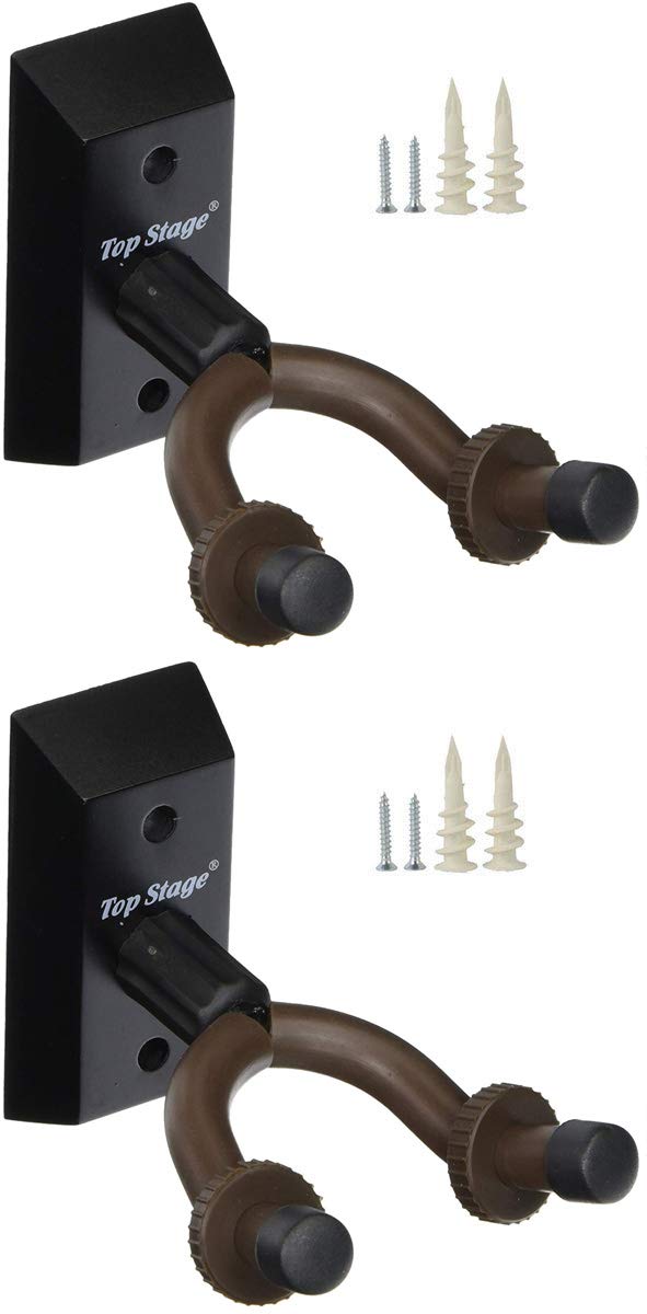 2-Pack Wooden Guitar Wall Hanger - Secure Hook Mount for Acoustic, Electric, Bass Guitar, Ukulele, Banjo & Mandolin | Heavy Duty Instrument Accessories with Locking Rings | Perfect for Home Studio, Music Room & Stage Organization (Black)