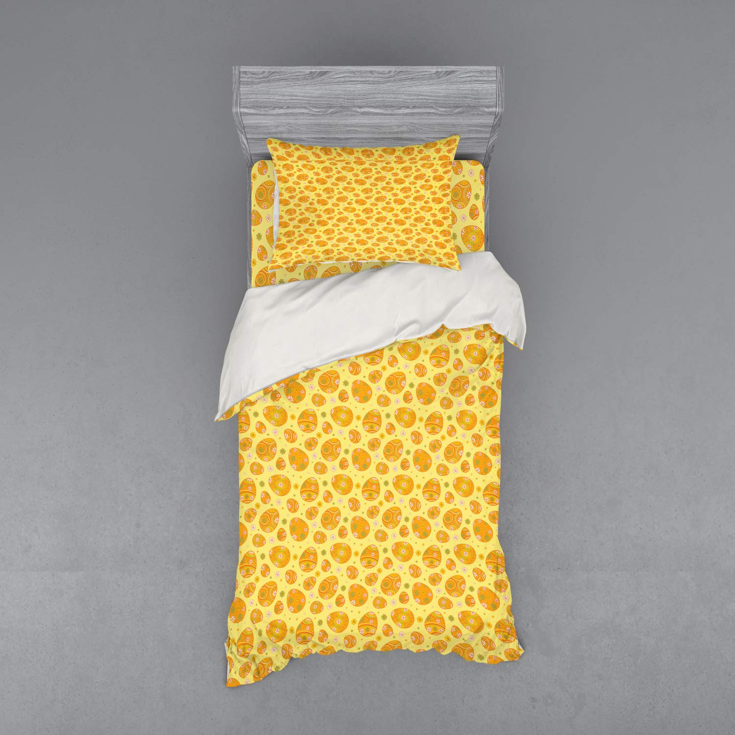 Ambesonne Easter Duvet Cover Set - 3 Piece Twin Size Bedding with Sham & Fitted Sheet | Cheerful Holiday Cartoon Daisy & Circle Design in Yellow, Orange, Green | Perfect for Spring Decor, Kids Room & Easter Gift