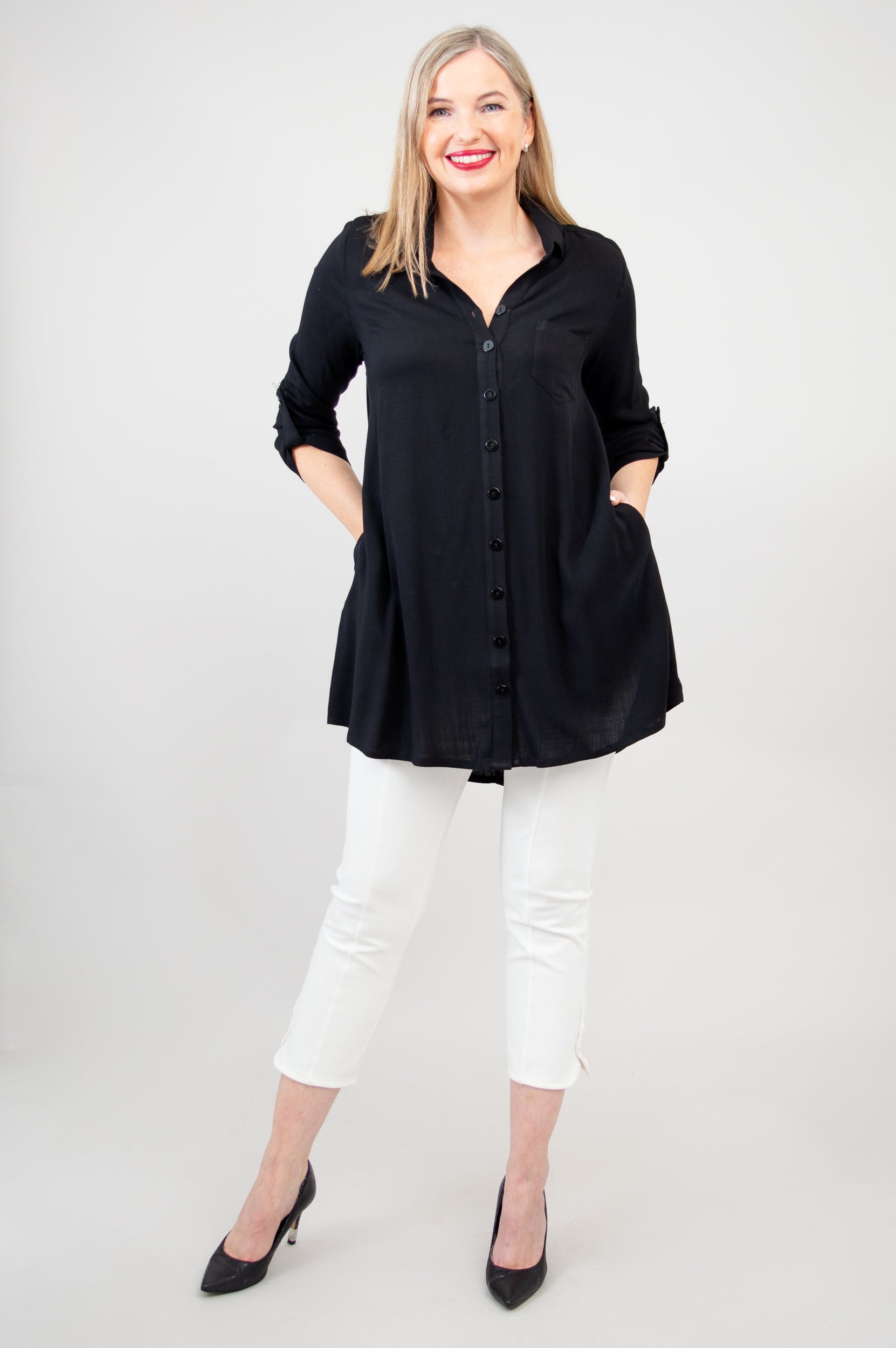 Celine Women's Black Linen Bamboo Blouse - Elegant Casual & Office Wear for Summer