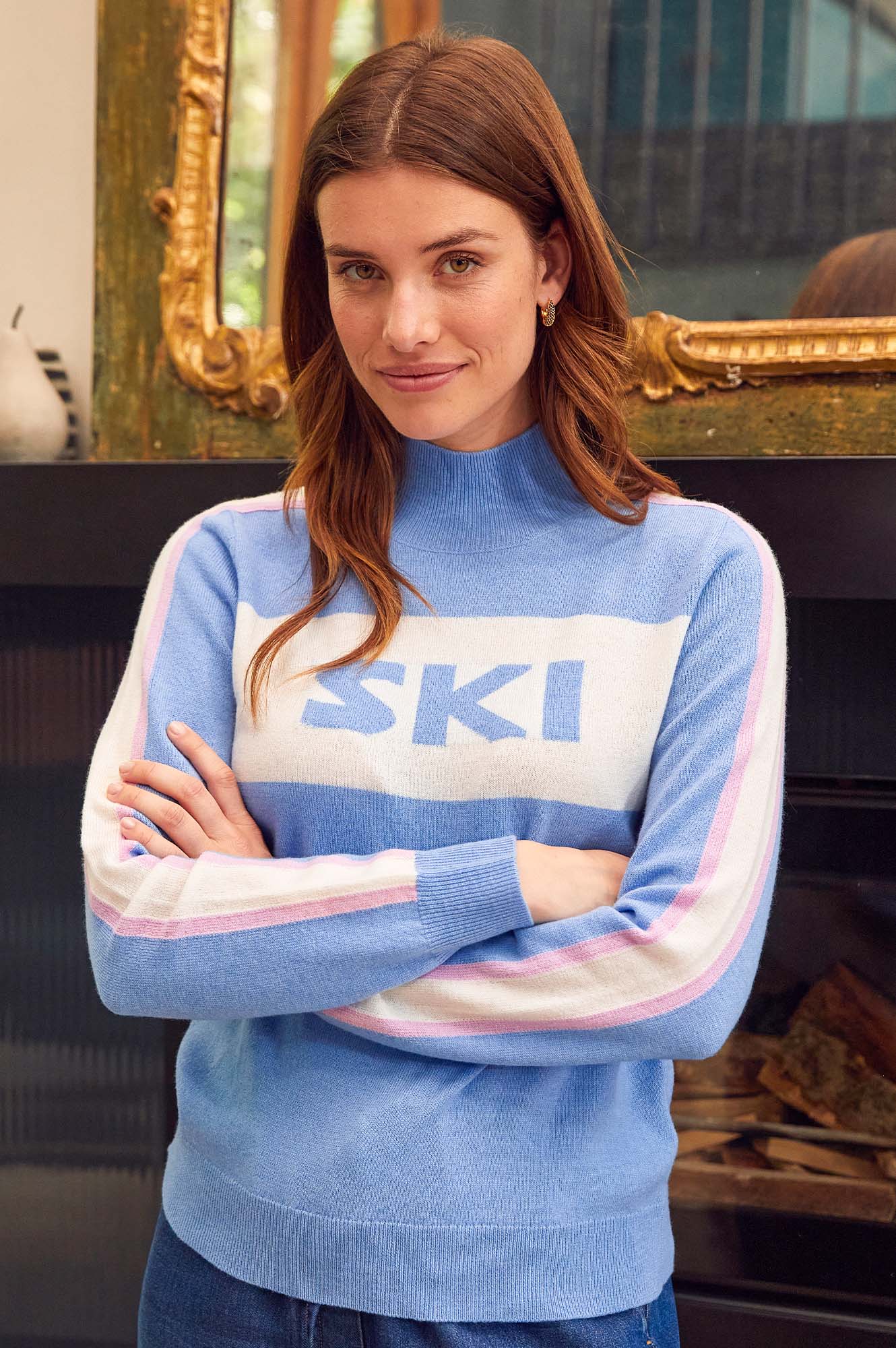Premium Merino Wool Ski Sweater for Women - Slim Fit Funnel Neck Pullover in Serene Blue, Cream & Pink | Warm Winter Layering for Skiing & Outdoor Activities