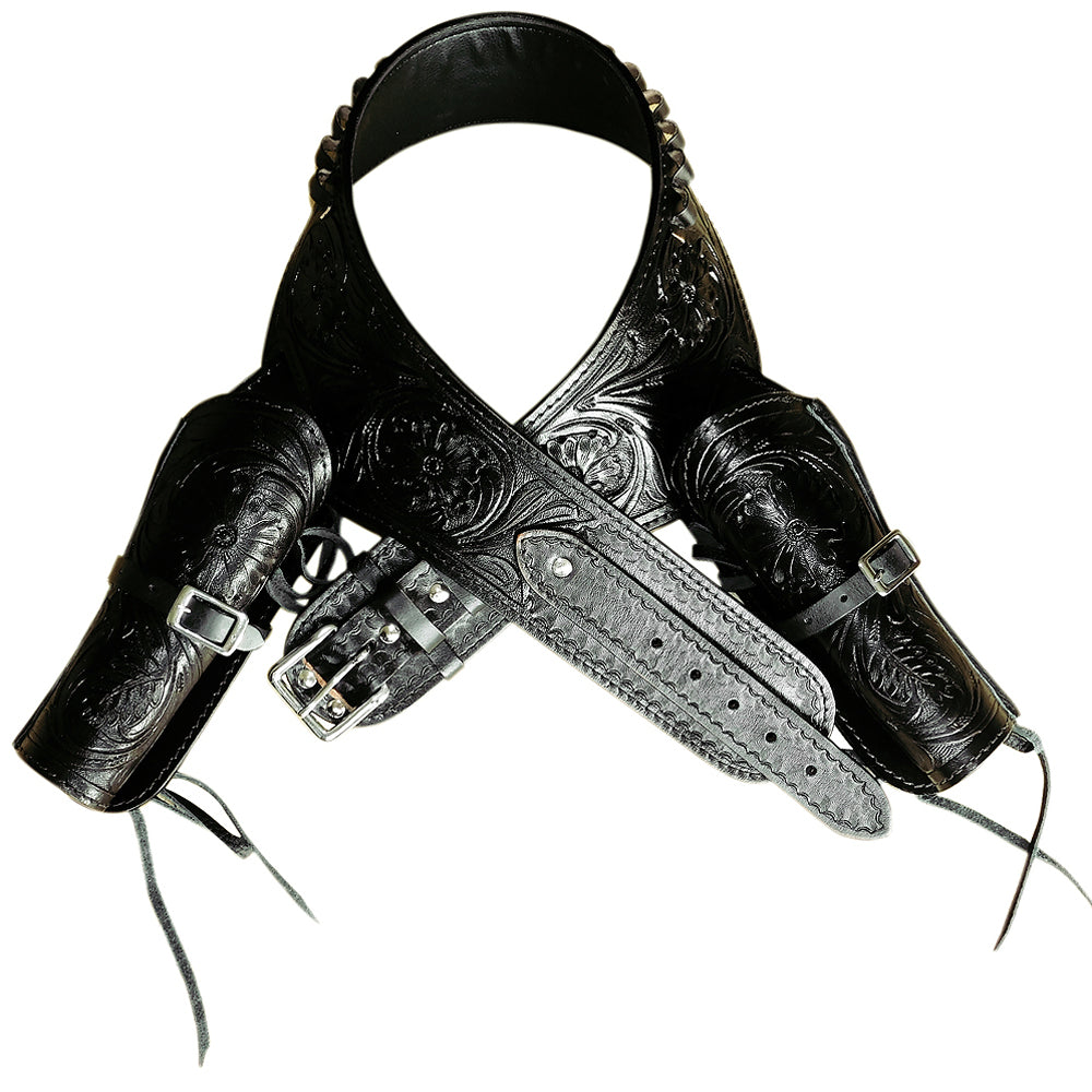 Hilason Double Caliber 44/45 Leather Western Cowboy Gun Holster Rig - Premium Cowboy Action Shooting Accessory for Revolvers & Pistols - Perfect for Western Reenactments, Rodeos & Range Practice