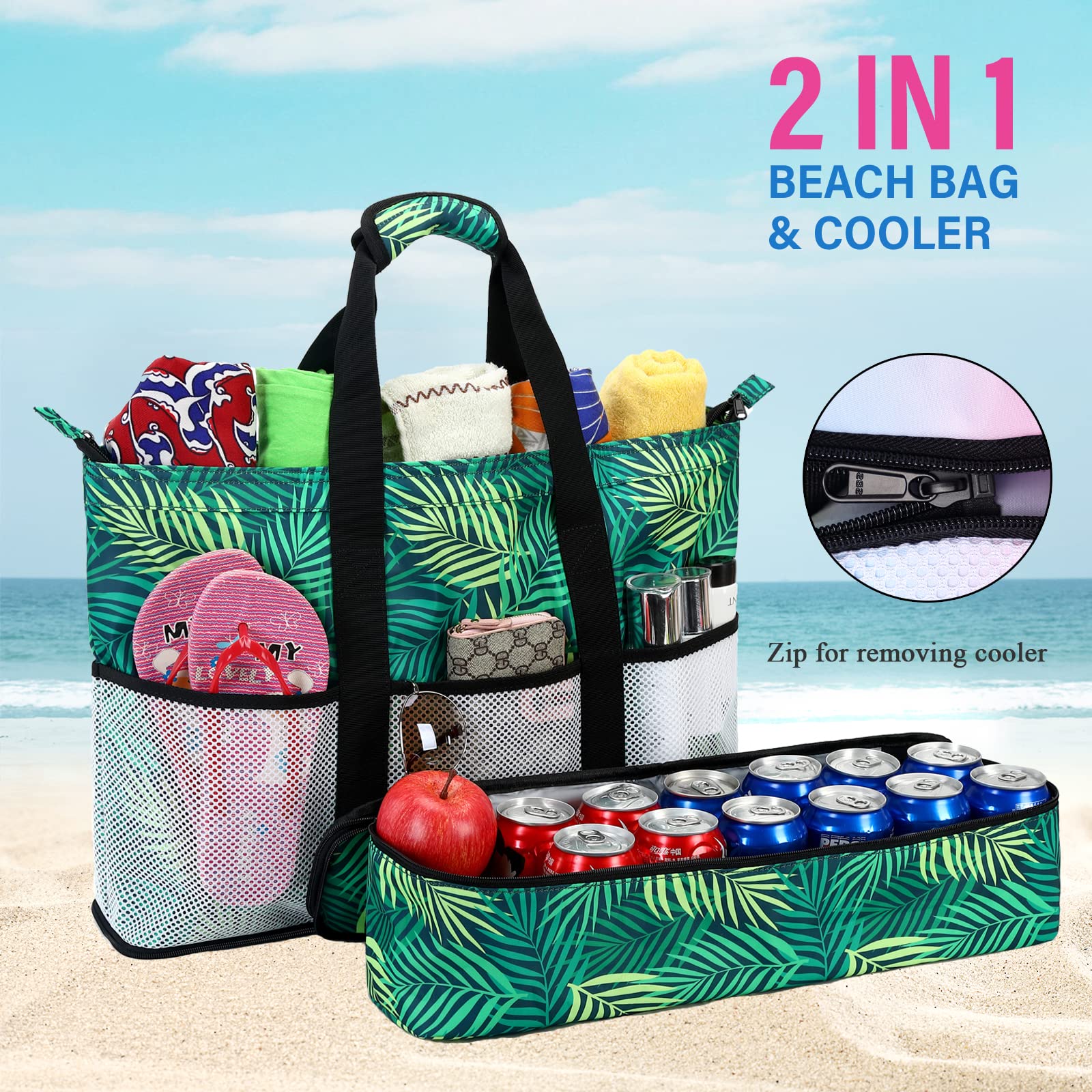 Octsky Large Waterproof Beach Tote Bag with Cooler & 9 Pockets - Sandproof Zippered Pool Bag for Women | Perfect for Beach Trips, Pool Parties & Summer Vacations