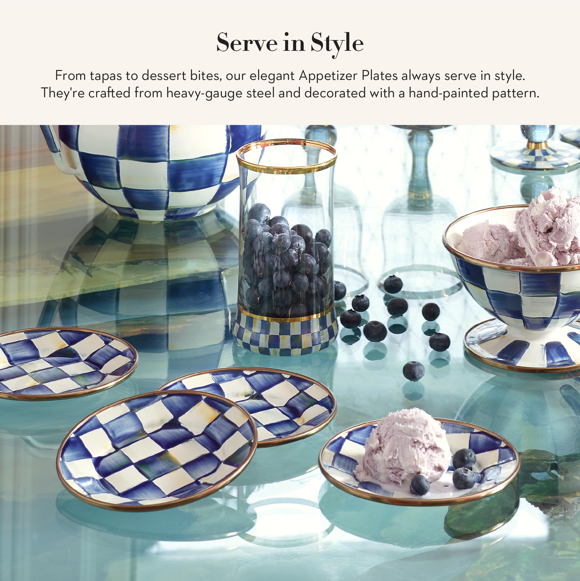 MACKENZIE-CHILDS 4-Piece Blue and White Royal Check Enamel Appetizer Plates Set - 5 Inch Mini Dessert Plates for Parties, Tea Time & Elegant Dining