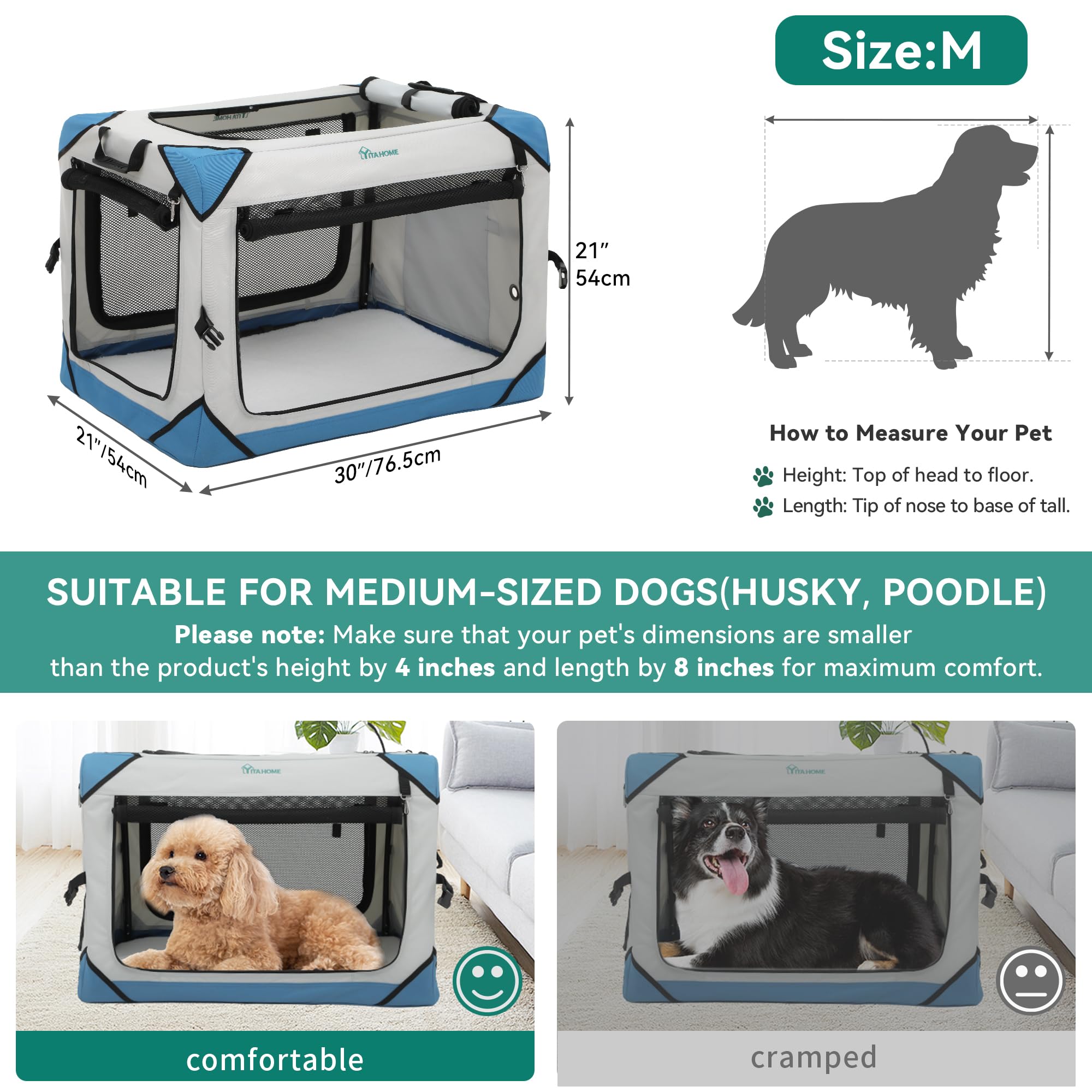 YITAHOME 4-Door Collapsible Dog Crate - Portable Travel Pet Kennel with Breathable Mesh & Soft Mat - Foldable Soft Dog Cage for Indoor Outdoor Use (30