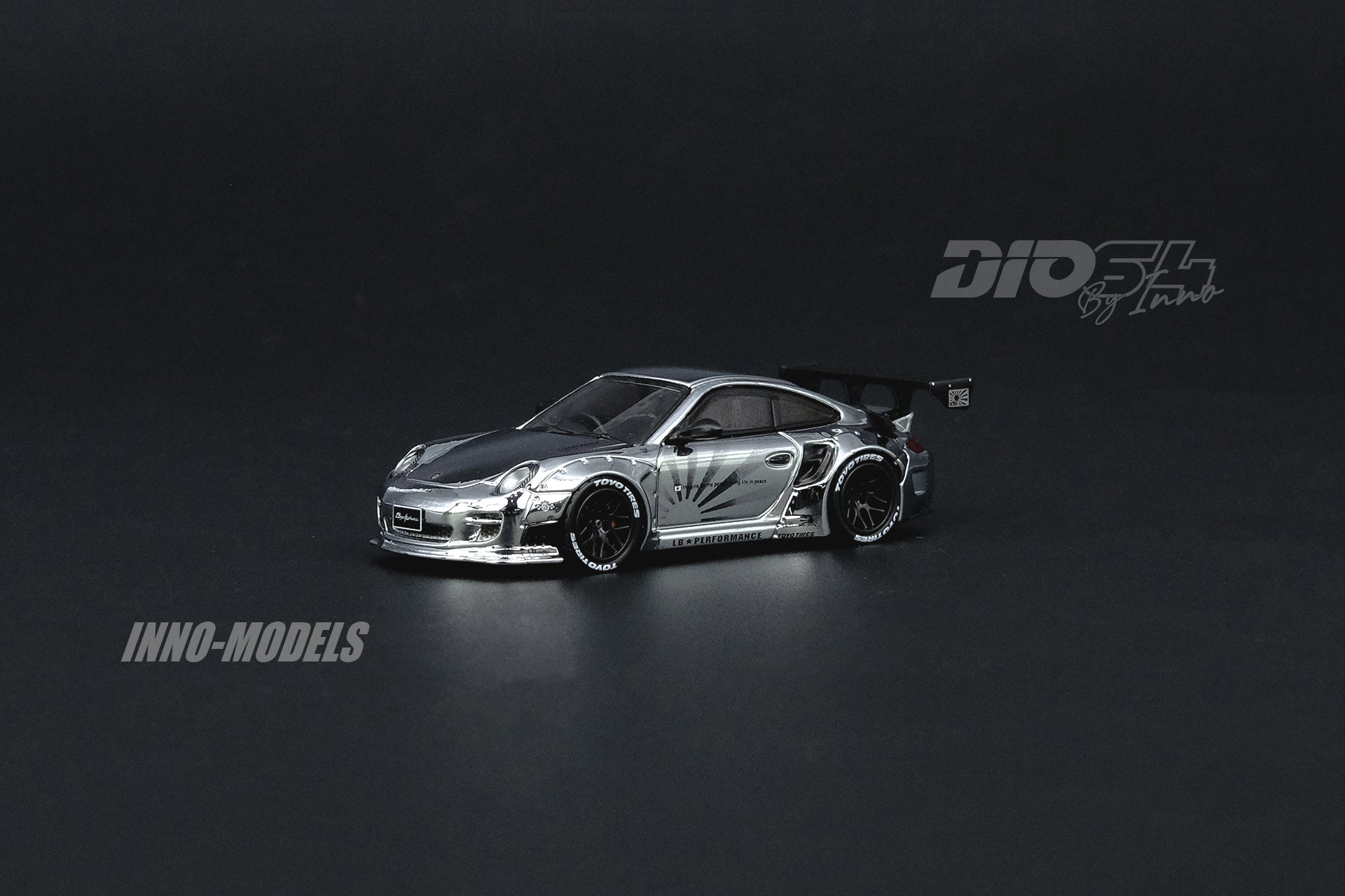 INNO Models 1:64 Scale Liberty Walk Porsche 997 LBWK Chrome Finish Diecast Car with Figure Set - Perfect for Collectors, Display Cases, and Diorama Scenes