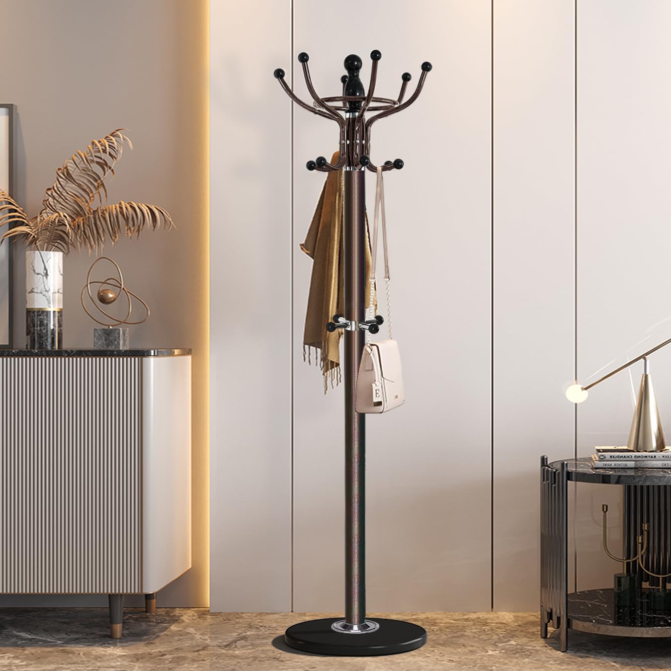 Kertnic 16-Hook Freestanding Metal Coat Rack with Natural Marble Base - Bronze Entryway Hall Tree for Jackets, Hats, Purses & Scarves | Easy Assembly Coat Hanger Stand for Home, Office & Mudroom Organization