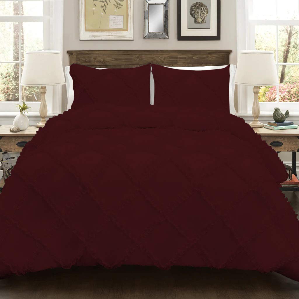 Luxury 800 Thread Count 100% Egyptian Cotton Duvet Cover Set - Cross Diamond Ruffle Design with Zipper & Corner Ties - California King/King Size in Wine Red - Perfect for Master Bedroom, Guest Room & Hotel Decor