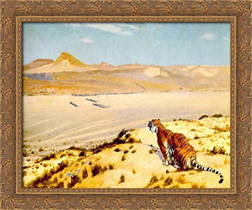 Tiger On The Watch 24x20 Gold Ornate Wood Framed Canvas Art by Jean Leon Gerome - Vintage Animal Wall Decor for Living Room, Office & Study