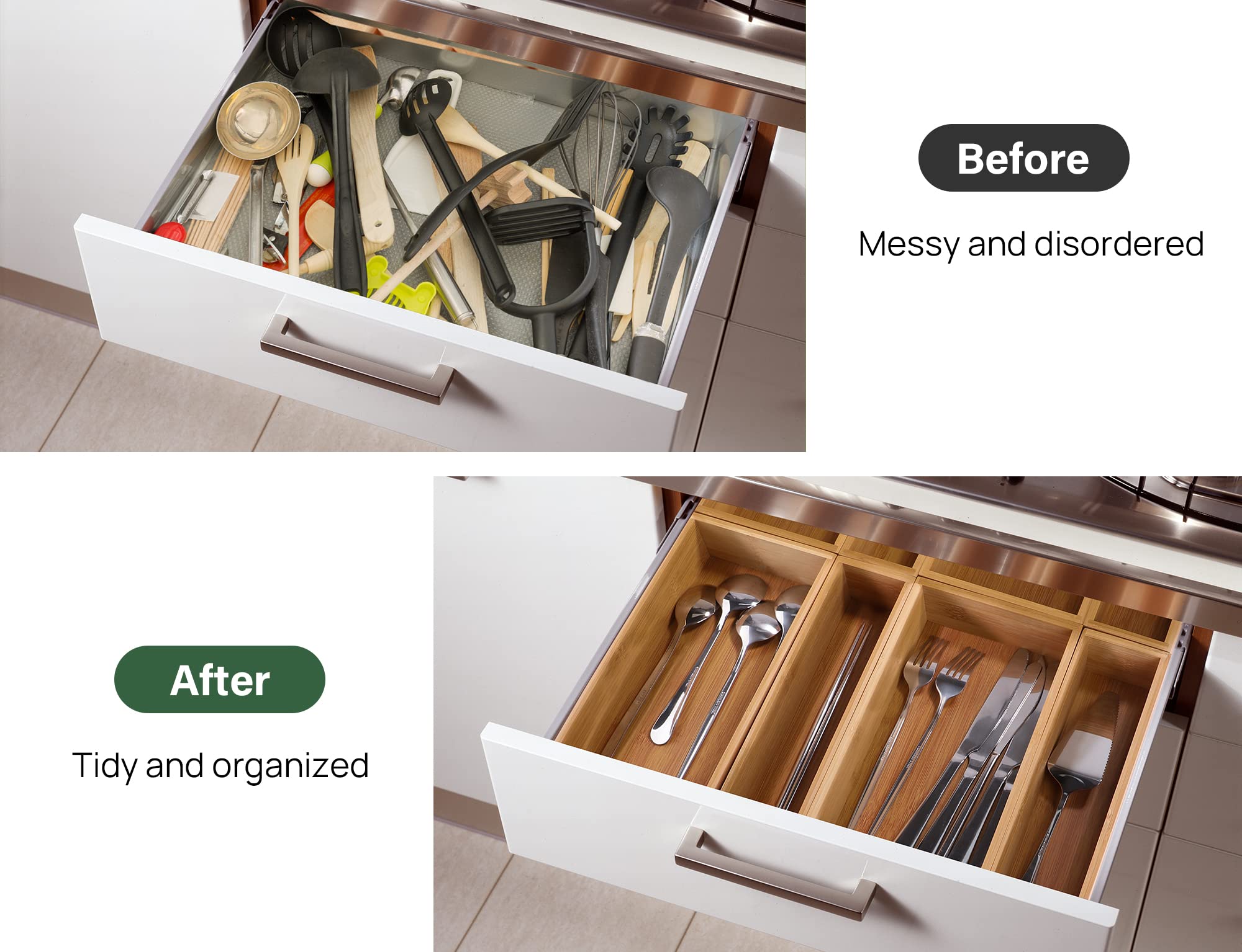 Kootek 9-Piece Plastic Drawer Organizer & 8-Piece Bamboo Drawer Organizer Set - Perfect for Kitchen, Bathroom, Office & Bedroom Storage Organization