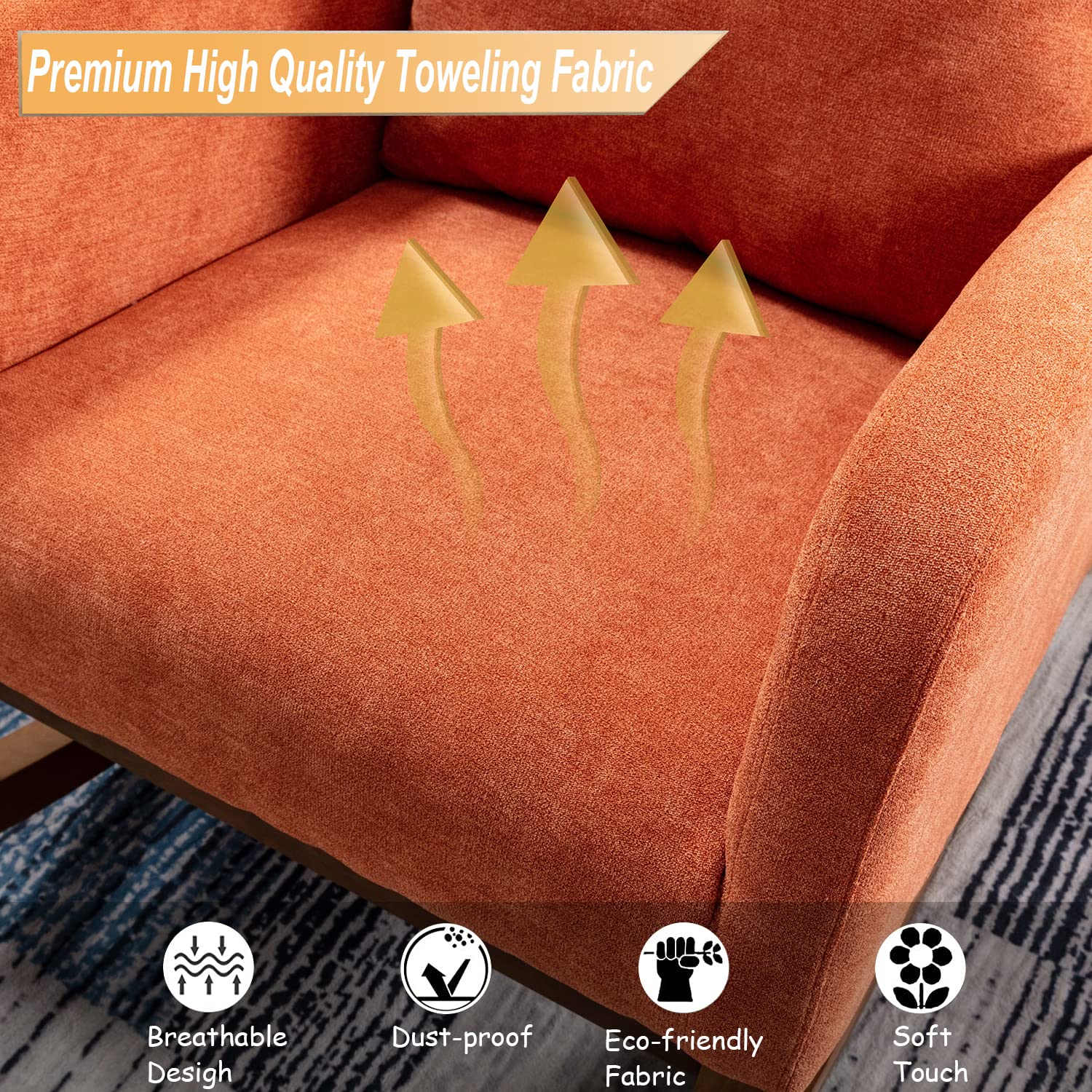 SSLine Upholstered Rocking Chair - Modern Fabric Rocking Armchair with Comfortable Cushion for Nursery, Living Room, Bedroom, Study & Office - Perfect for Relaxation, Nursing & Reading (Orange)