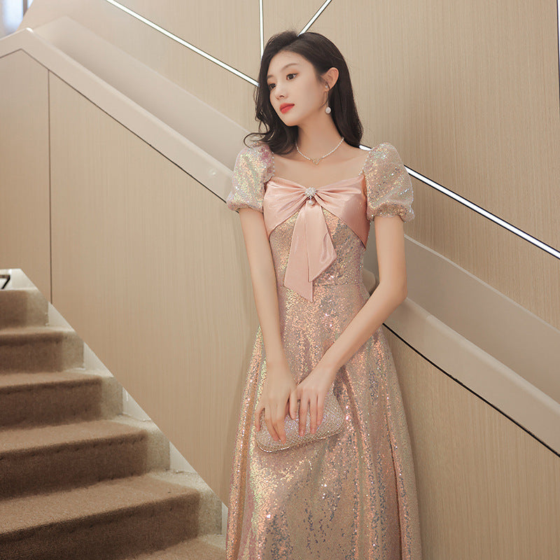Elegant A-Line Pink Shiny Long Prom Dress with Bow Tie - Sweet Fairy Party Gown for Formal Dances & Special Occasions - Size 550