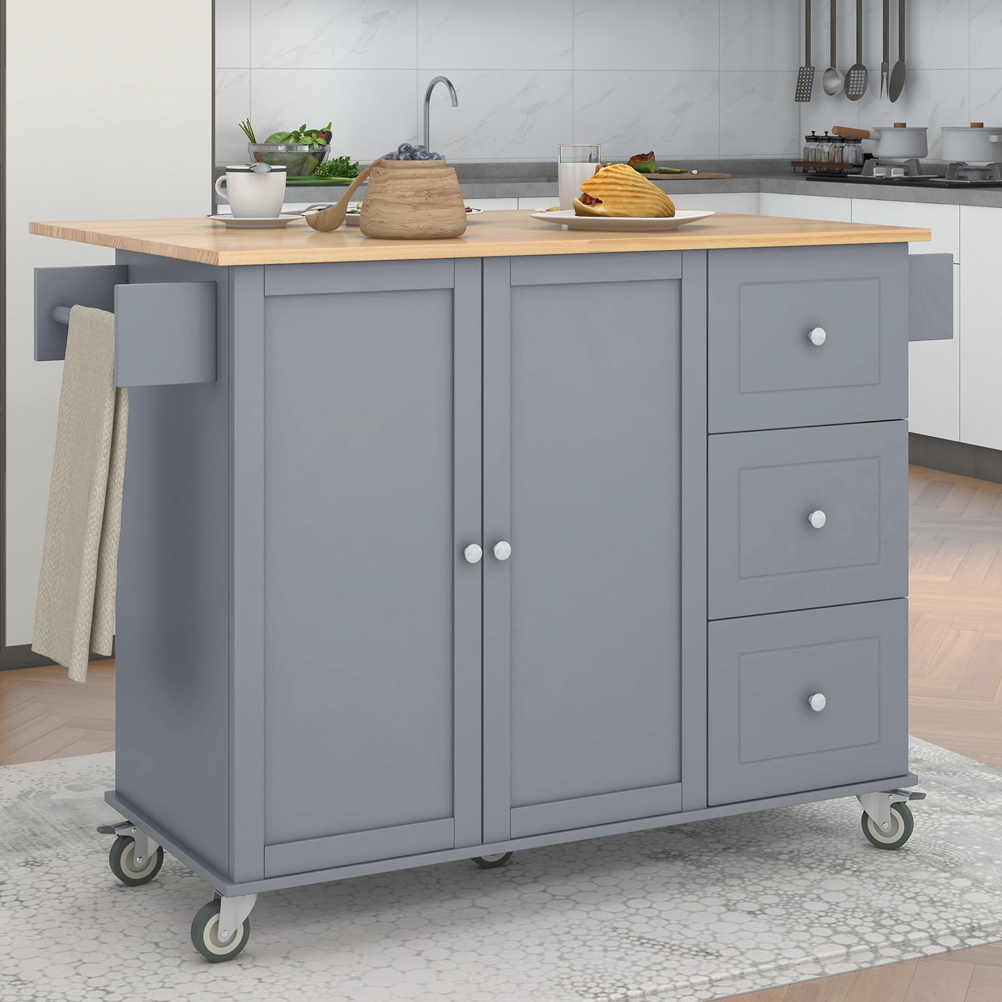 Solid Wood Top Rolling Kitchen Island Cart with Storage Cabinet, Drop Leaf Breakfast Bar, Spice Rack & Towel Holder - 52.7