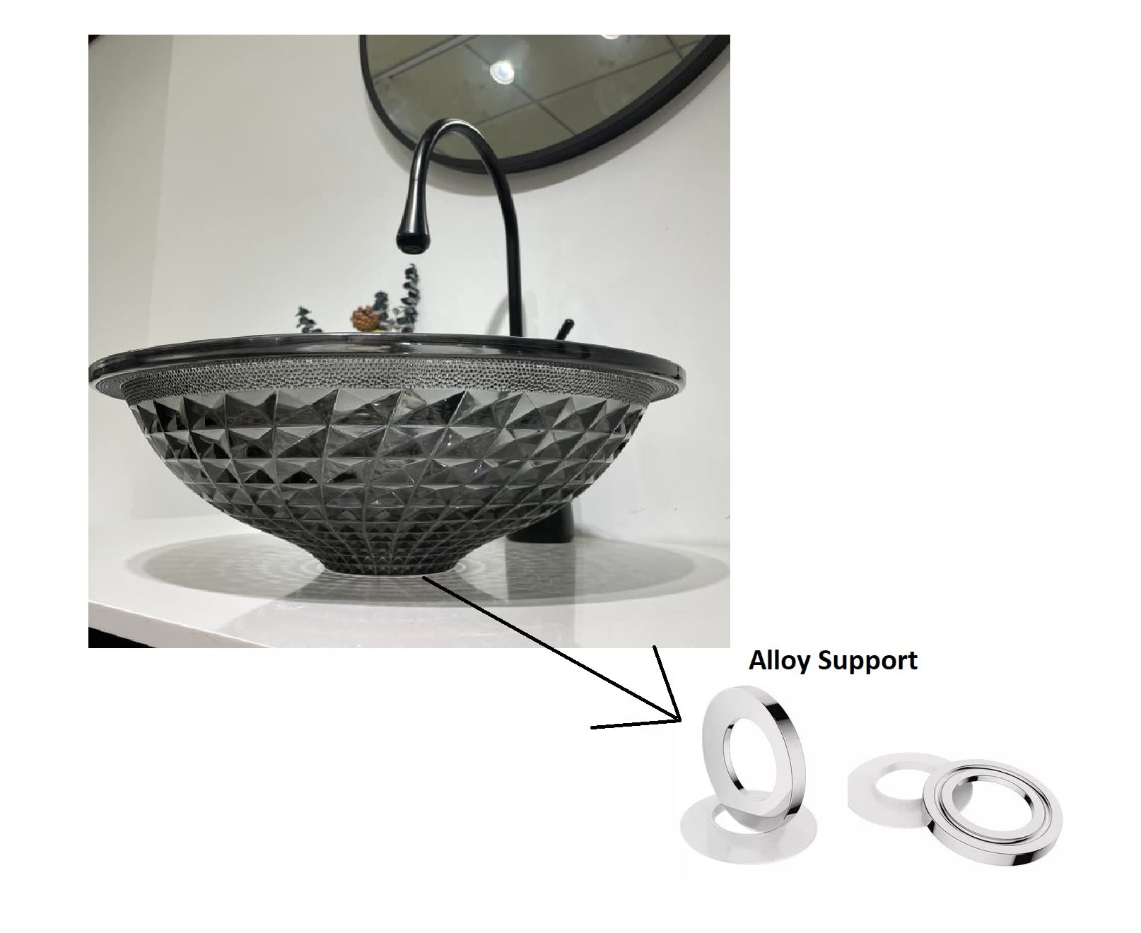 Premium InArt Modular Vanity Crystal Glass Wash Basin - 16x16 Inch Glossy Black Vessel Sink for Bathroom Countertop | Modern Tabletop Basin for Master Bath, Powder Room & Luxury Washroom Decor