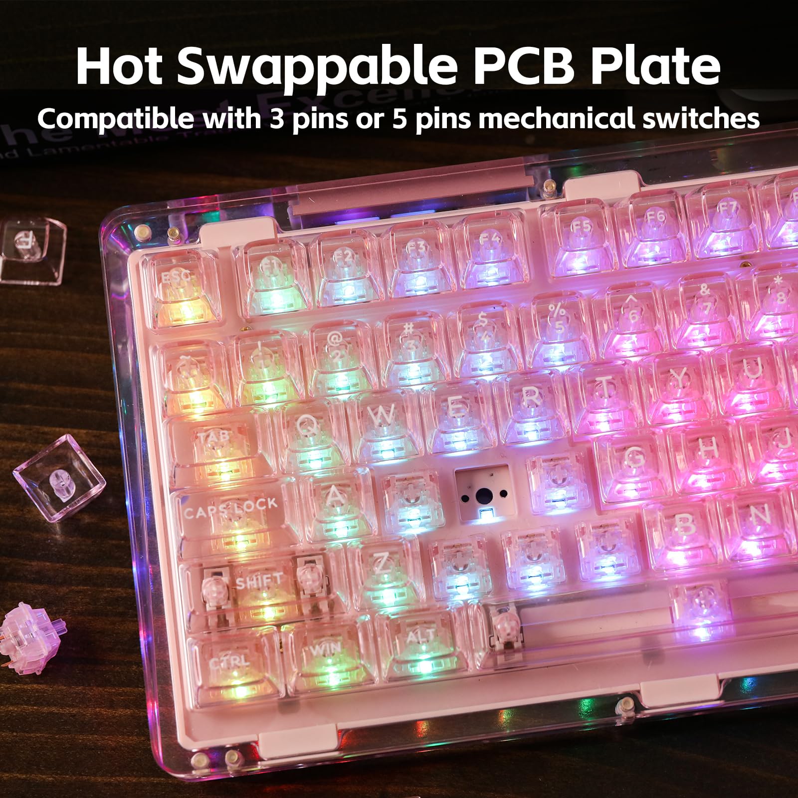 KiiBoom Phantom 81 V2 75% Hot Swappable Crystal Gasket-Mounted Mechanical Keyboard - Triple Mode NKRO Gaming Keyboard with South-Facing RGB, Clear Keycaps, 4000mAh Battery for Windows/Mac (Pink) | Perfect for Gaming, Typing & Office Work