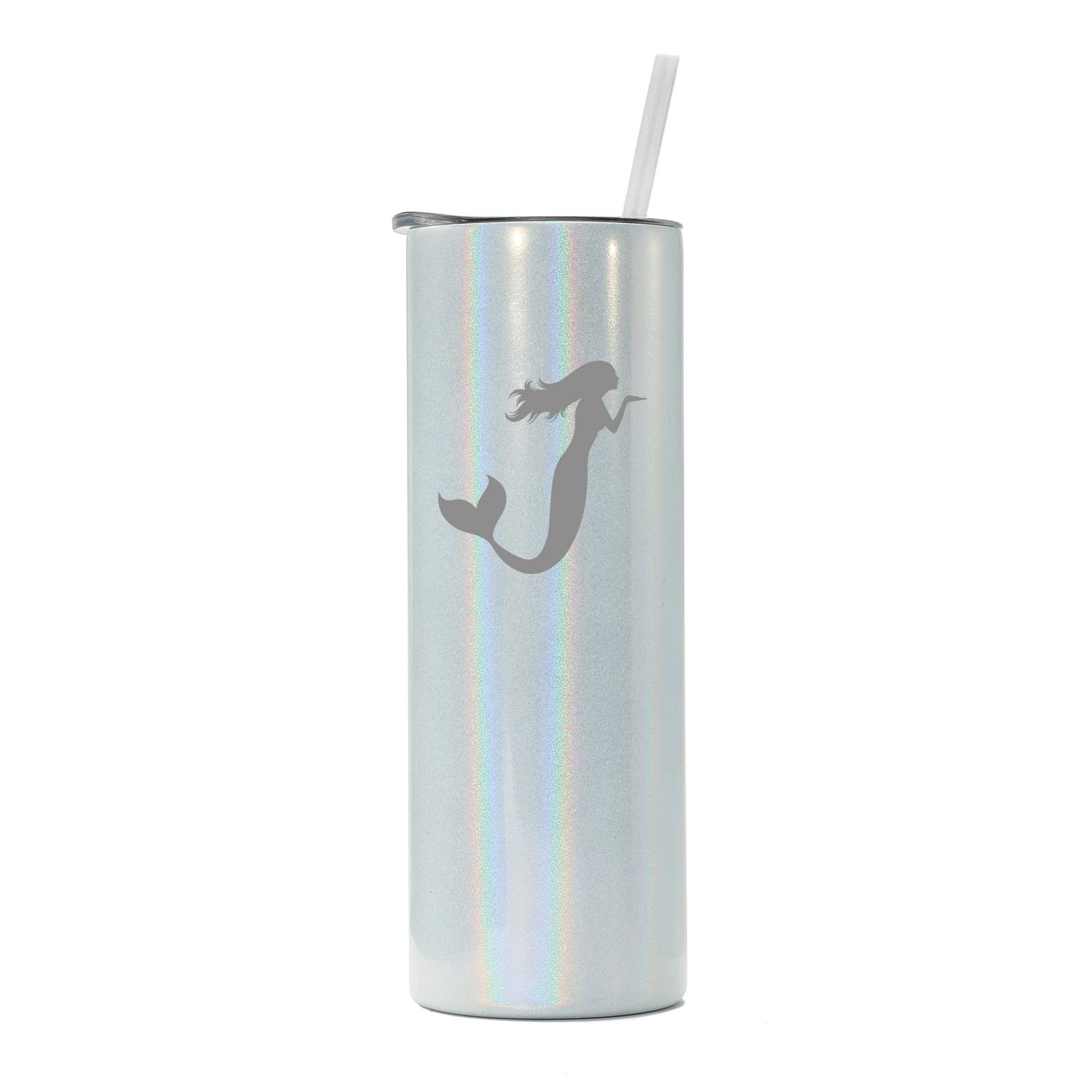20 oz Skinny Tall Stainless Steel Vacuum Insulated Tumbler with Straw - Mermaid White Iridescent Glitter Travel Mug - Perfect for Coffee, Tea & Cold Drinks On-The-Go, Office & Outdoor Adventures