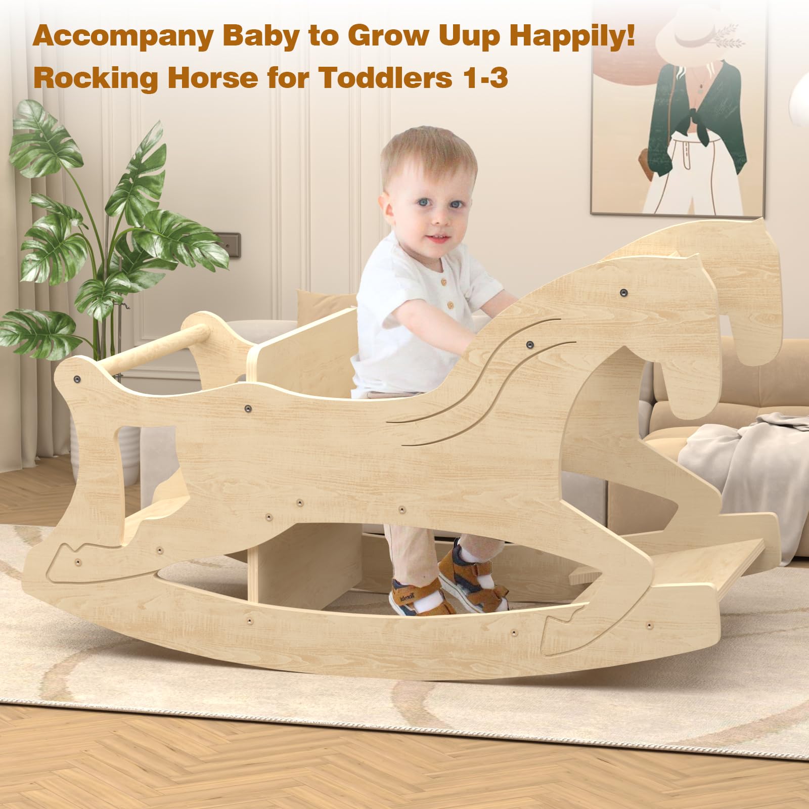 **Montessori Wooden Rocking Horse for Toddlers - 2-in-1 Baby Rocking Toy & Weaning Table Chair Set - Natural Wood Nursery Furniture for Playroom, Living Room & Kitchen - Safe & Educational Toddler Rocker**    *(Perfect for Montessori Learning, Indoor Play, and Transitioning to Solid Foods)*