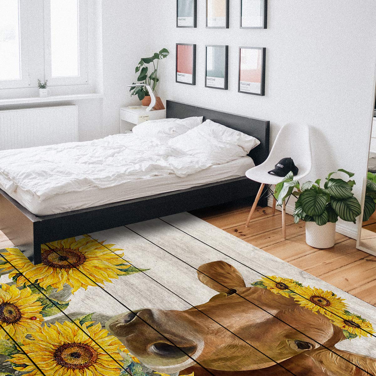 **5'x8' Yellow Sunflower Cow Area Runner Rug - Washable Indoor/Outdoor Carpet for Kitchen, Living Room, Bathroom, Bedroom & Classroom - Retro Farmhouse Wooden Doormat, Desk & Welcome Mat - Perfect for Home Decor, Entryway & Laundry Room**