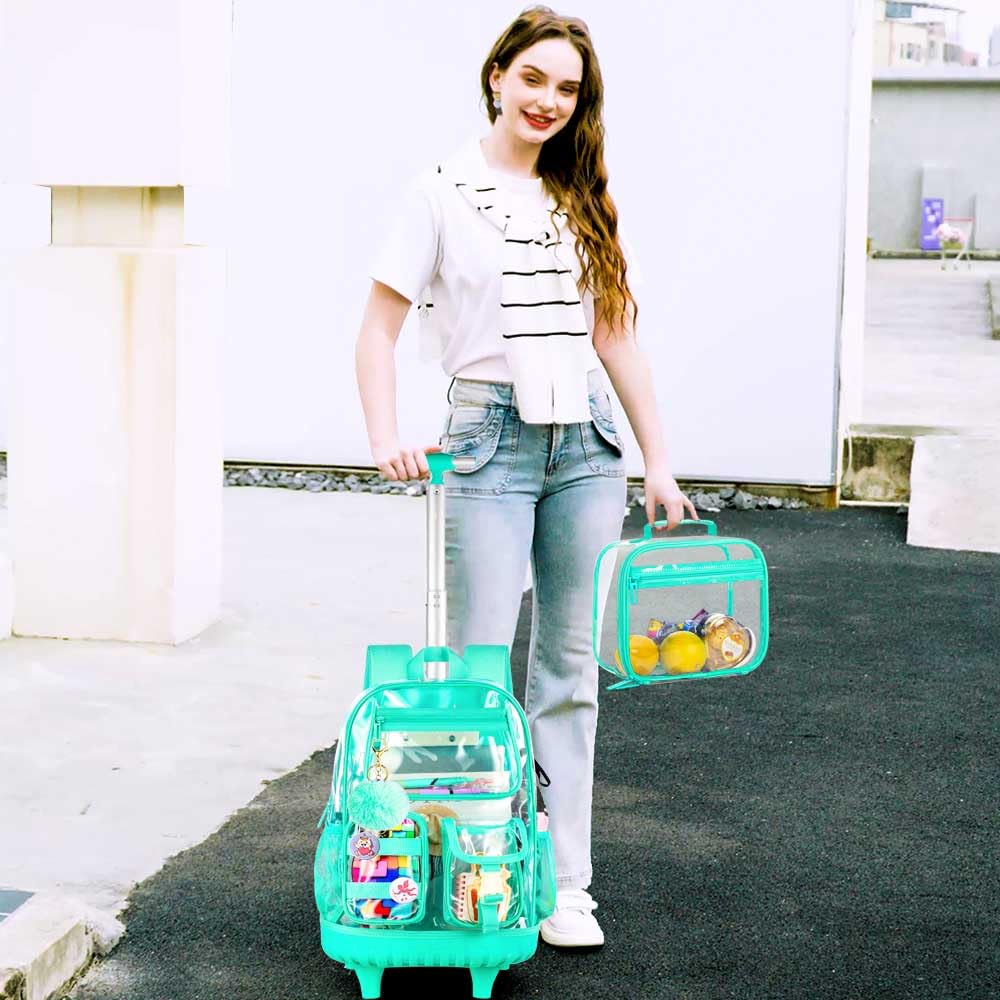 Heavy Duty Clear Rolling Backpack for Women & Teens - PVC Transparent Wheeled Bookbag with See-Through Design, Durable School Travel Backpack for Elementary Students (Green) - Perfect for School, Travel, Airport Security & Everyday Use