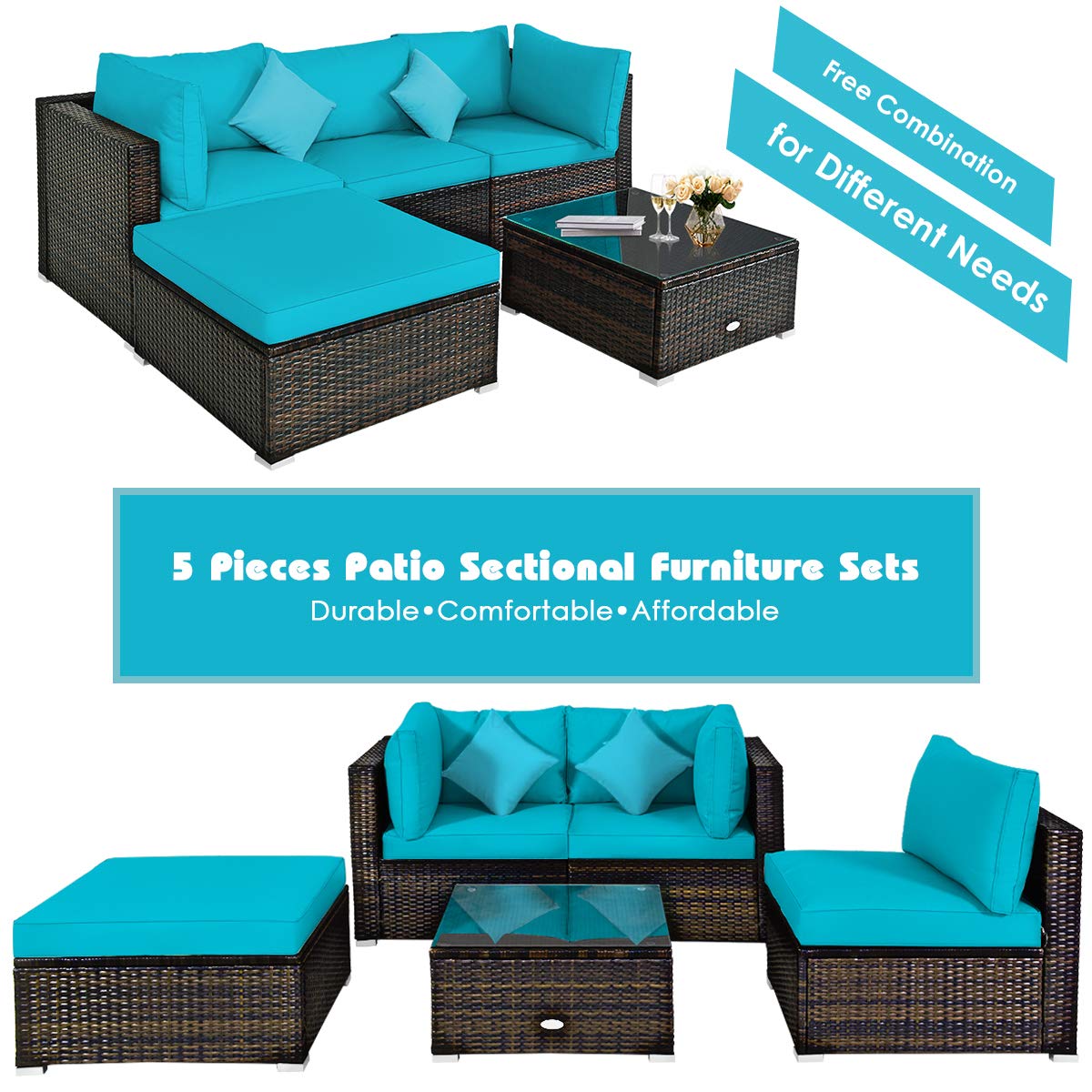 HappyGrill 5-Piece Patio Conversation Set - Outdoor Rattan Wicker Furniture with Sectional Sofa, Ottoman, Coffee Table & Cushions - Perfect for Garden, Lawn, Balcony, Backyard & Poolside Relaxation