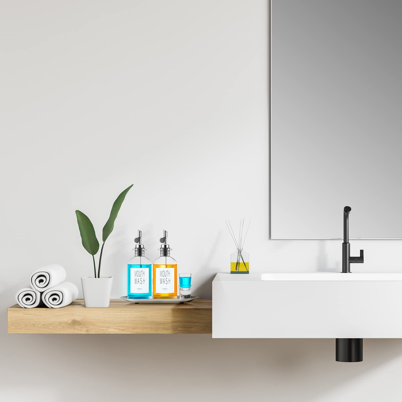 VITVITI 11.8OZ Glass Mouthwash Dispenser with Stainless Steel Tray & Cups - Bathroom Countertop Organizer for Oral Care Essentials, Perfect for Home, Hotel, and Spa Use