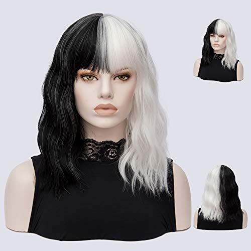 QACCF Short Wavy Shoulder Length Heat Resistant Synthetic Wig for Women - Black & White - Perfect for Cosplay, Daily Wear & Costume Parties